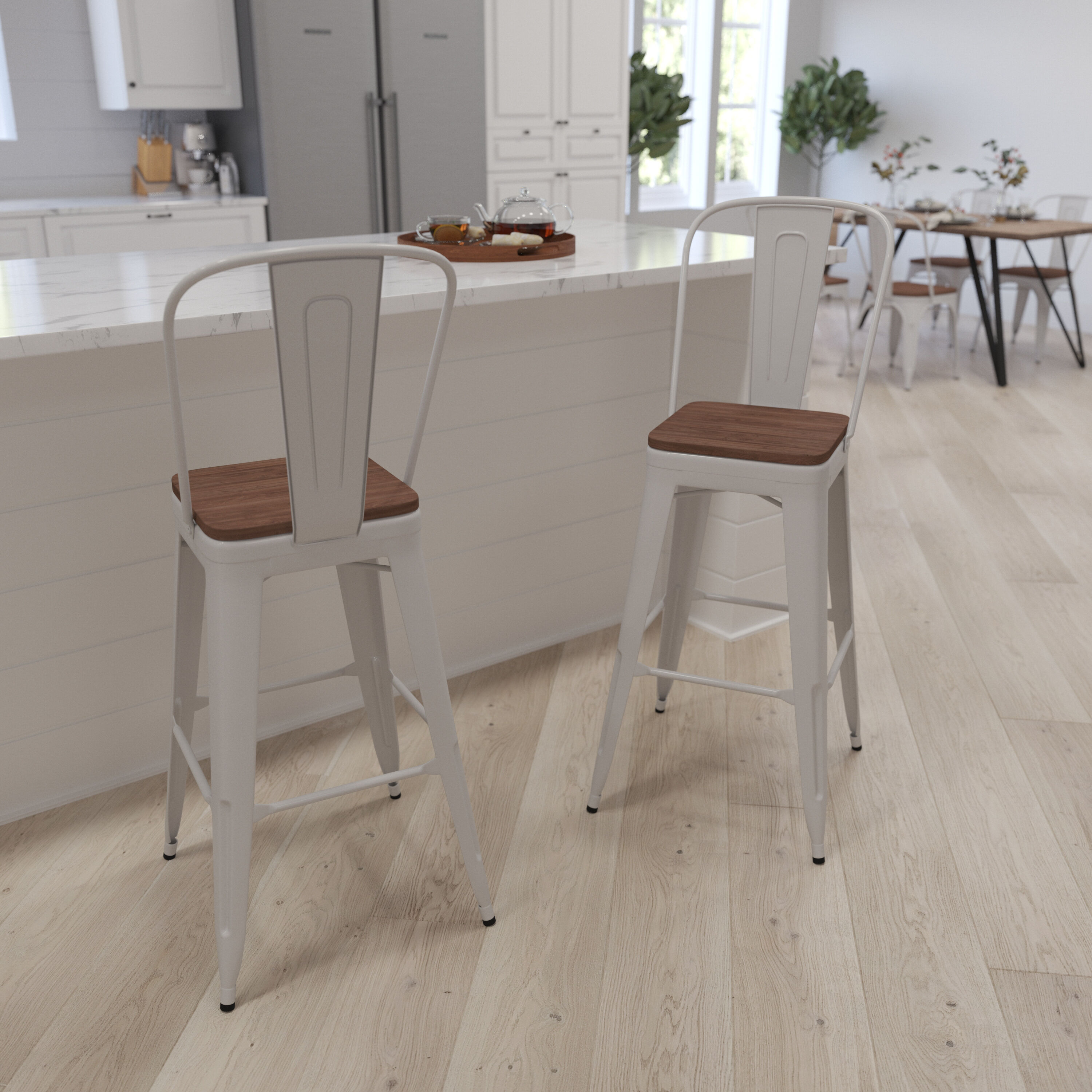 Merrick Lane - Dothan 30-in High White Metal Barstool with Back and Wood Seat