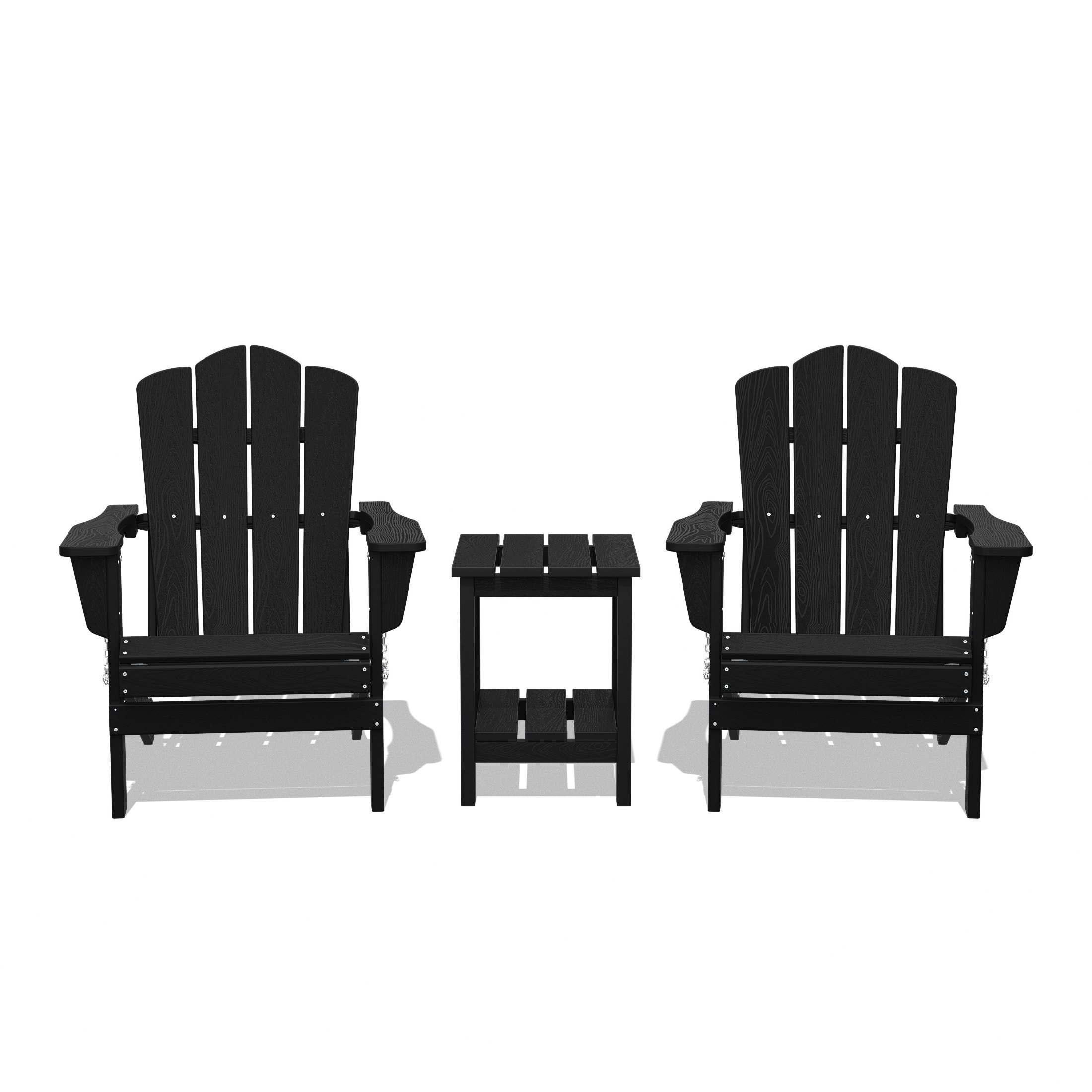JEAREY YDZDY3JT-BK Patio Folding Adirondack Chair Set of 2 with a Side Table Set of 2 Stackable Black HDPE Frame Stationary Adirondack Chair with Slat Seat