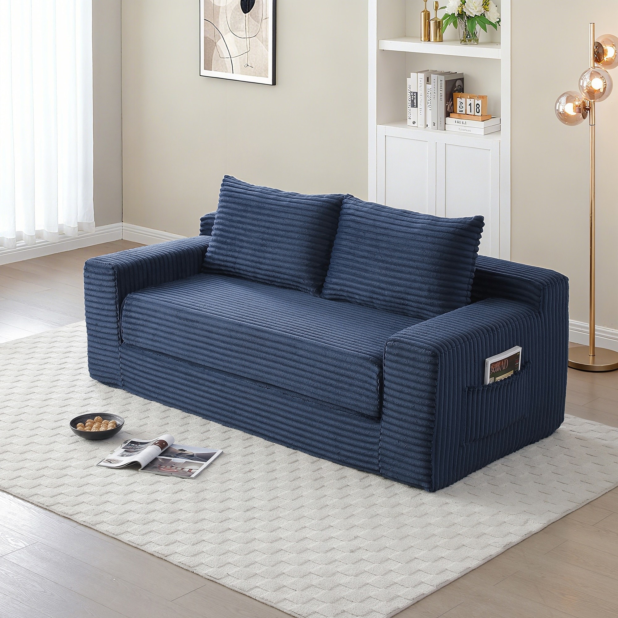 Horizons Prime 73 inch x 35 inch x 33 inch Blue Corduroy Memory Foam Convertible Loveseat Sofa Bed with Pull-Out Bed and Storage Pockets