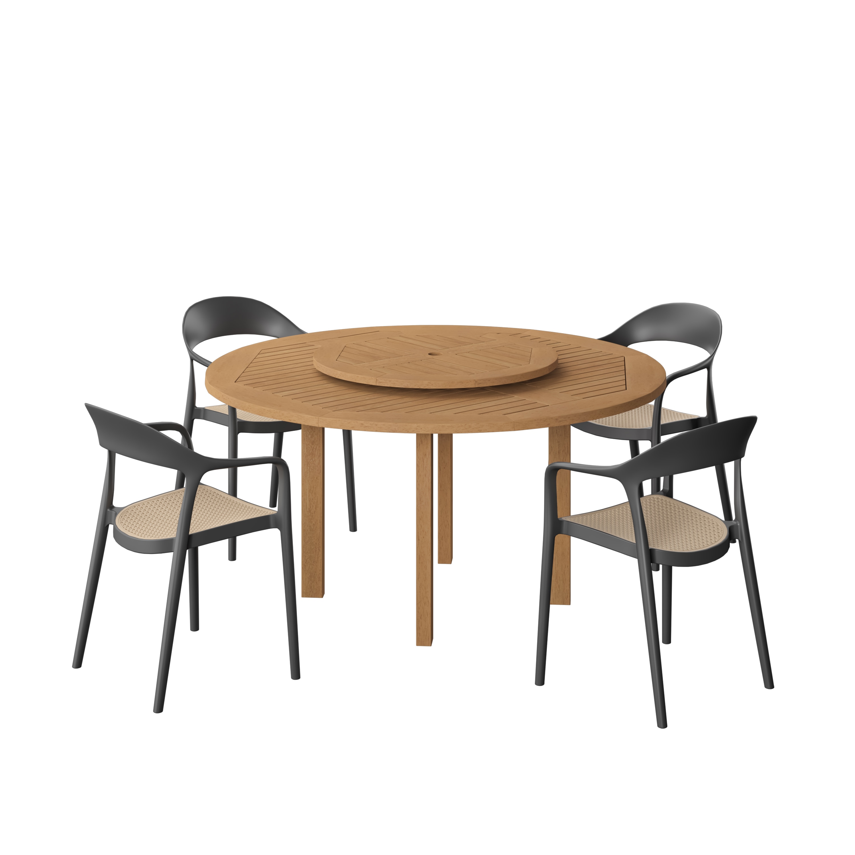 Amazonia LWS-543-1-4-CARA-BK 5 -Piece Wood Patio Dining Set Wood Round Table with 4 Stackable Stationary and Motion Chairs