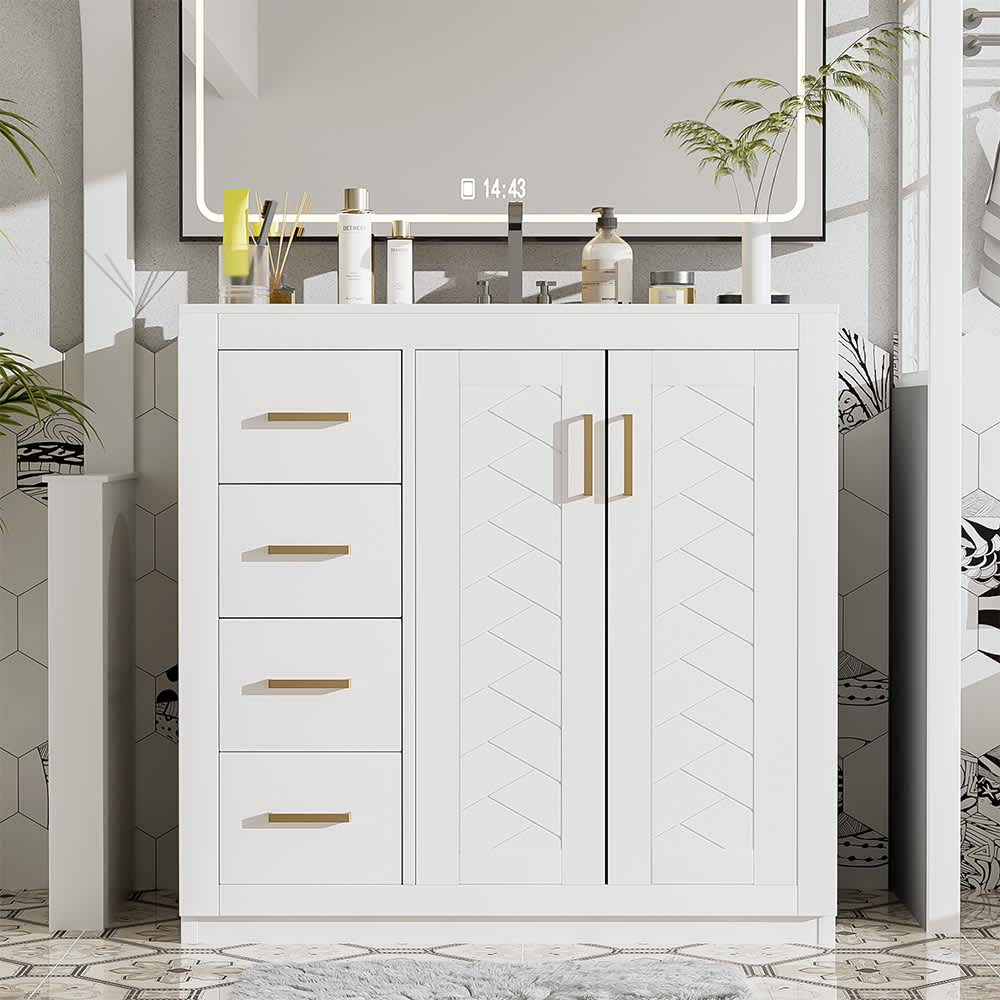 JUJABU ZJBATHROOMVAN-3 White 36in Bathroom Vanity with Ceramic Sink Combo with 3 Drawers and Soft Closing Doors
