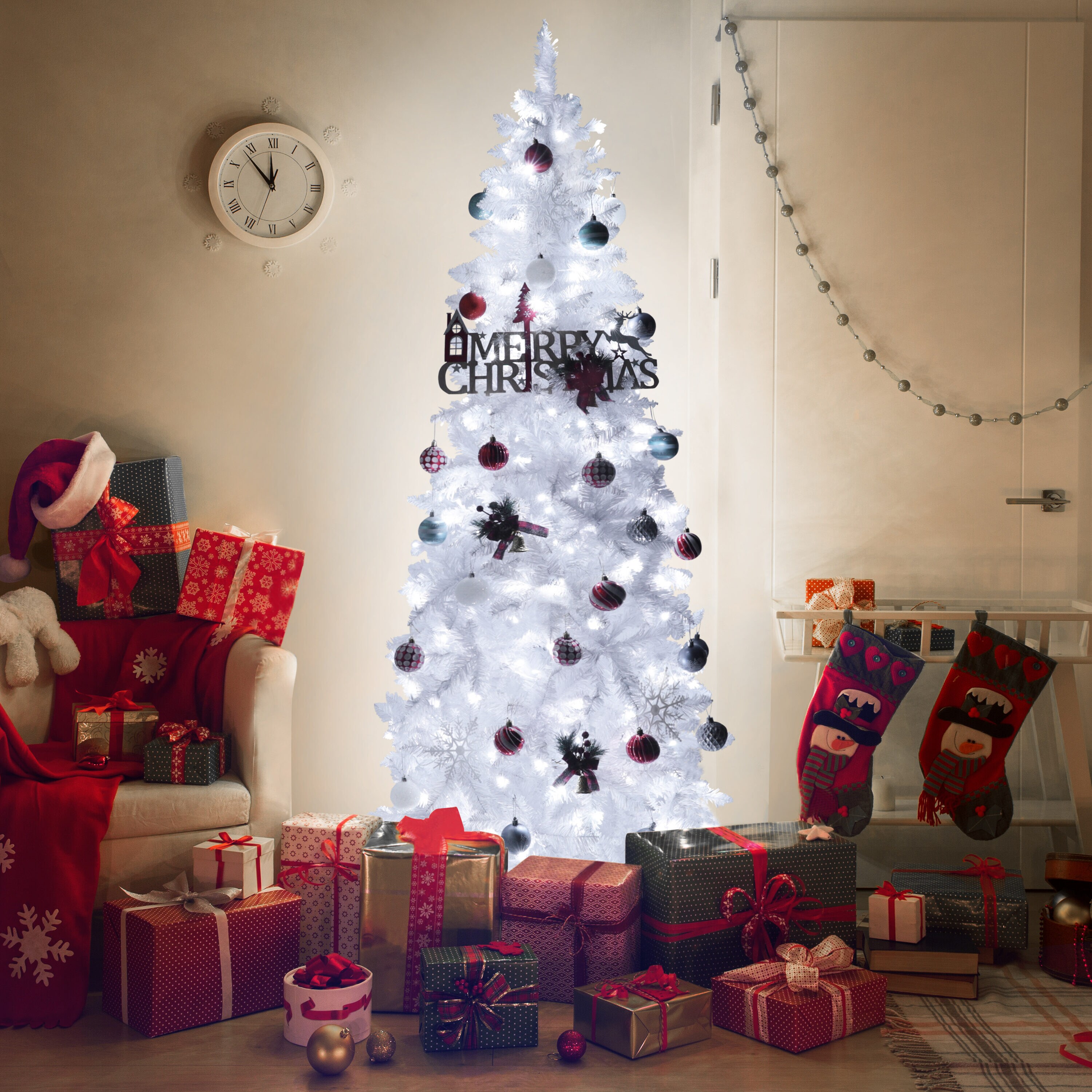 VEIKOUS 6-ft Spruce Pre-lit Pencil White Artificial Christmas Tree with ...