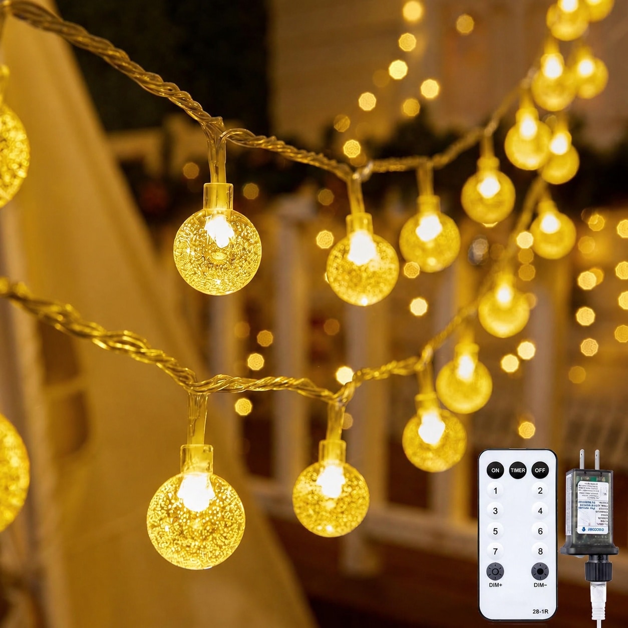 Afoxsos  33 FT 100 LED Crystal Globe String Lights Warm White with Remote 8 Modes Timer Indoor Outdoor Waterproof Patio Garden Porch Bedroom