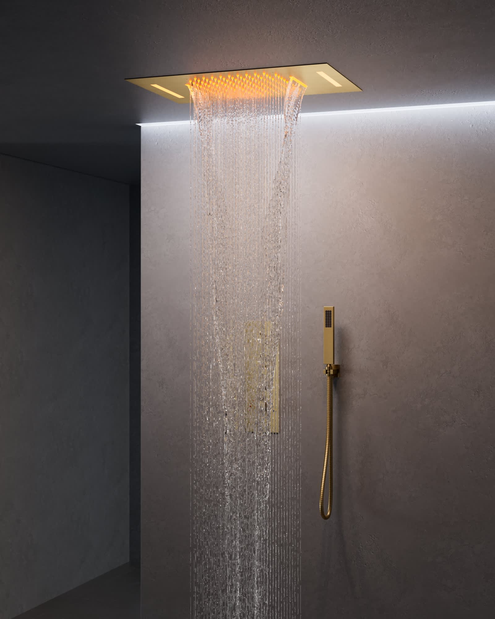 EVERSTEIN SFS-1024-GD 23 in. L x 15 in. W 7-Spray Patterns LED Waterfall Ceiling Mount and Handheld Shower Head in Brushed Gold