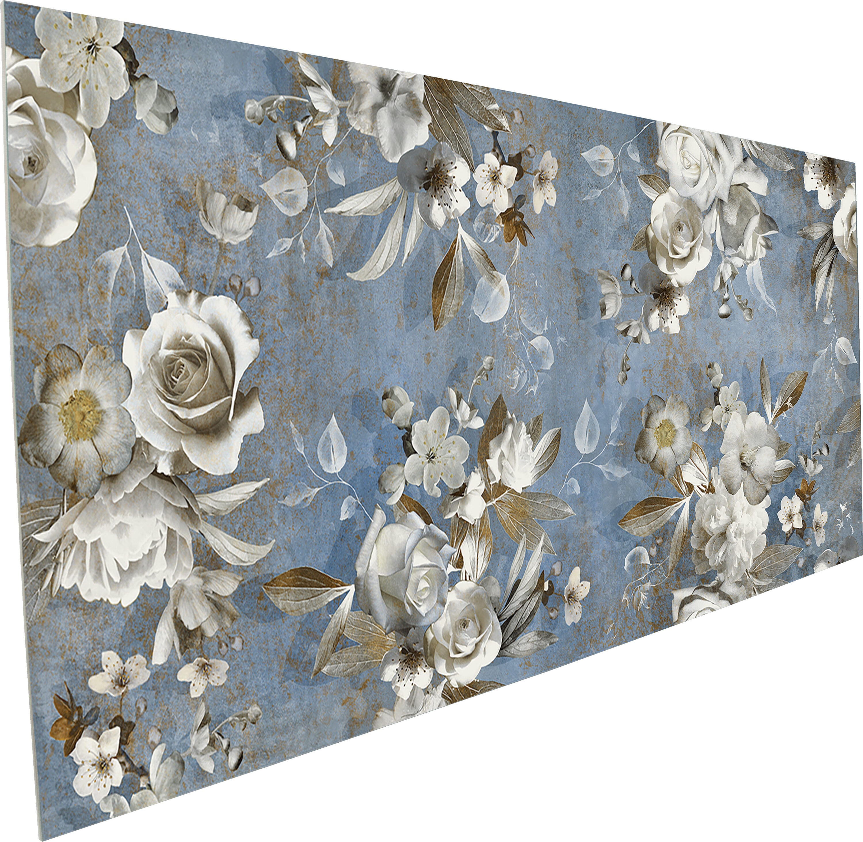 Parete Setoso Large Blue and White Glazed Porcelain Floral Tile