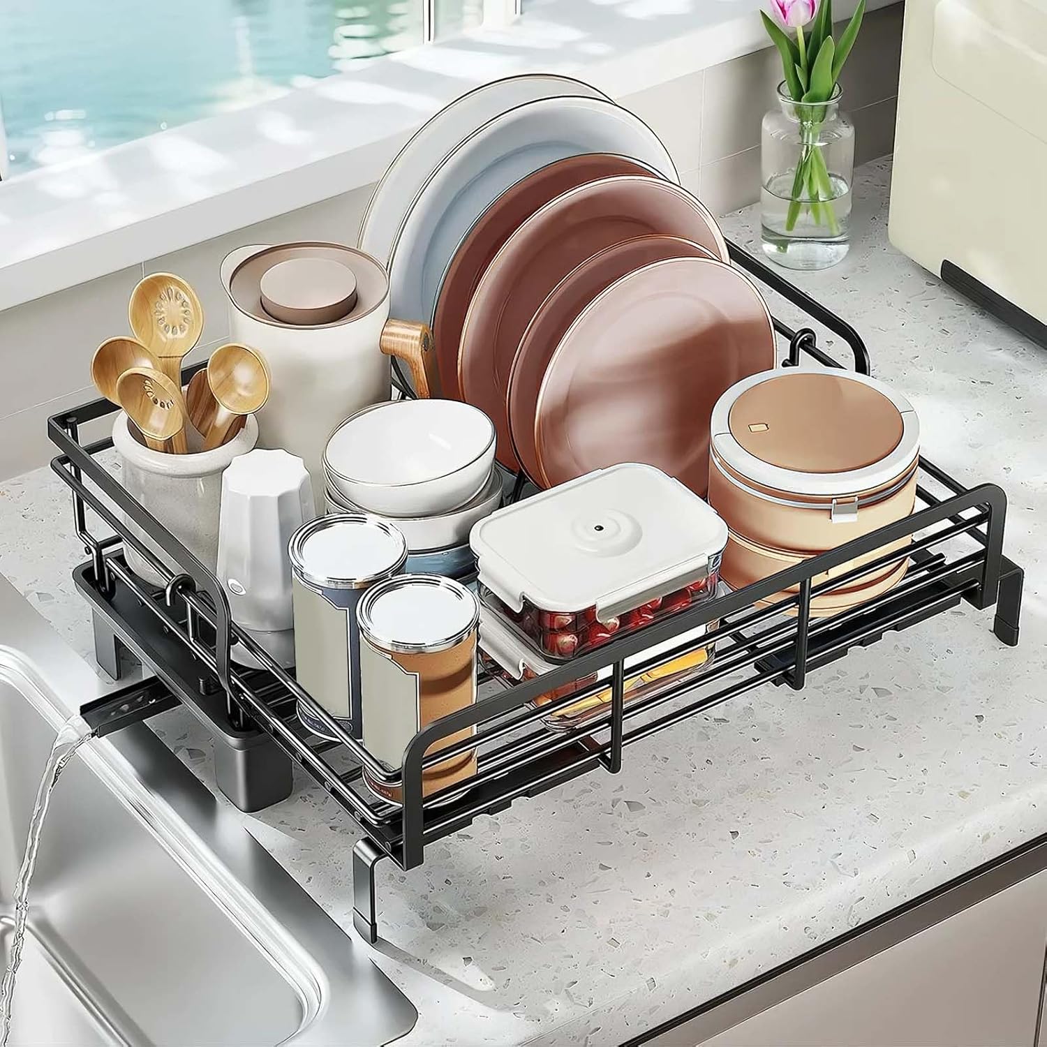 Idealhouse Kitchen Dish Rack Stainless Steel Rustproof 16.5 to 19.7 inches Extendable Dish Drying Rack for Kitchen Counter for Apartments RVs and Small Spaces Black