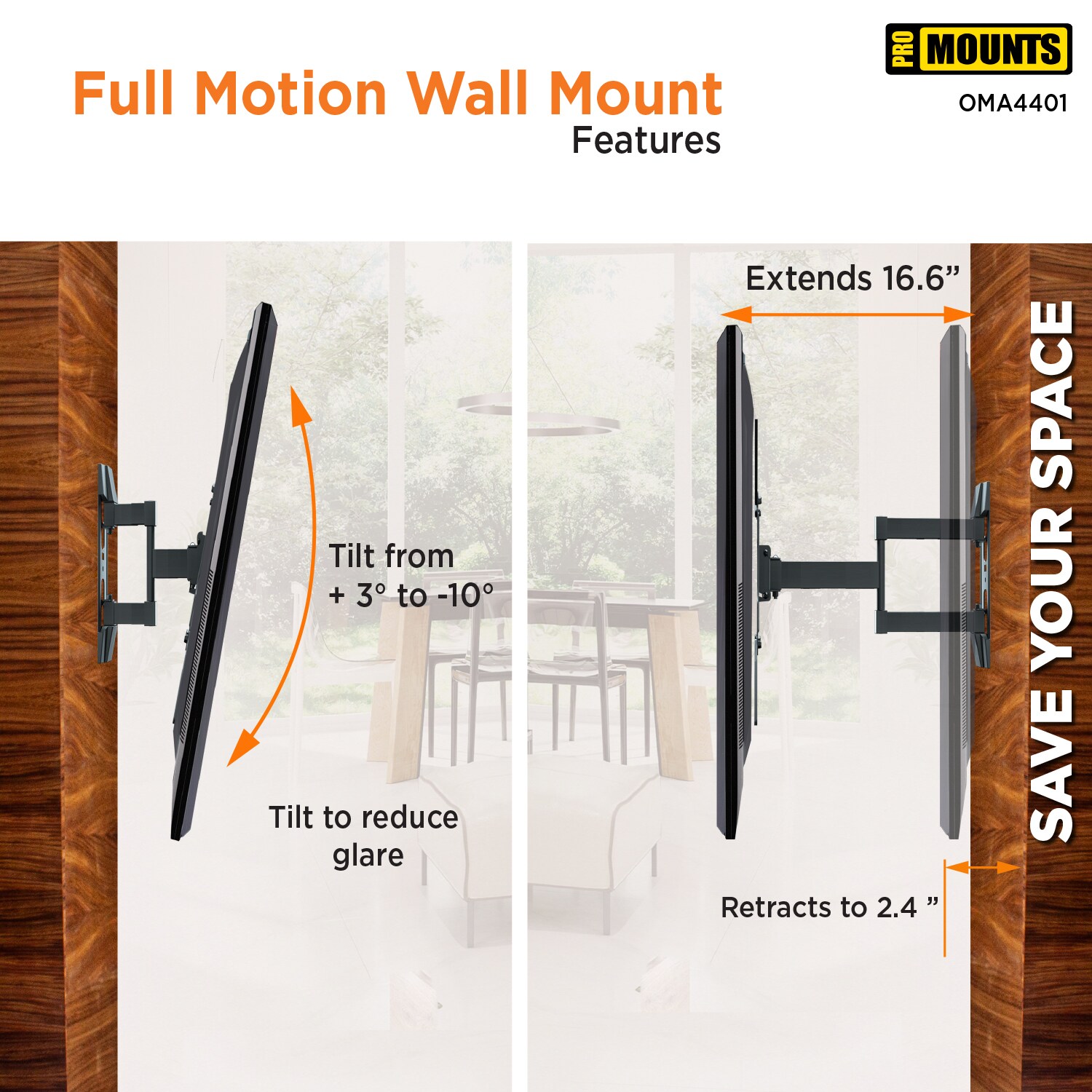 ProMounts Full Motion Black Steel TV Wall Mount for 23"-60" TVs