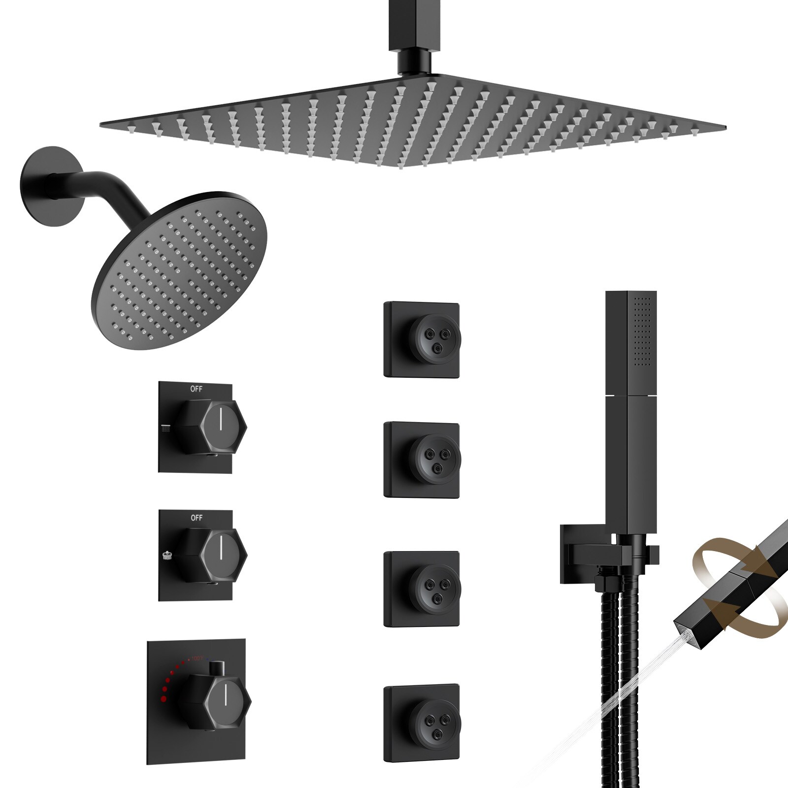 YAWWALK - 8 Spray Dual Rain Shower 12 in and 6 in Ceiling Mounted with Handheld 3 Body Jets Ther...