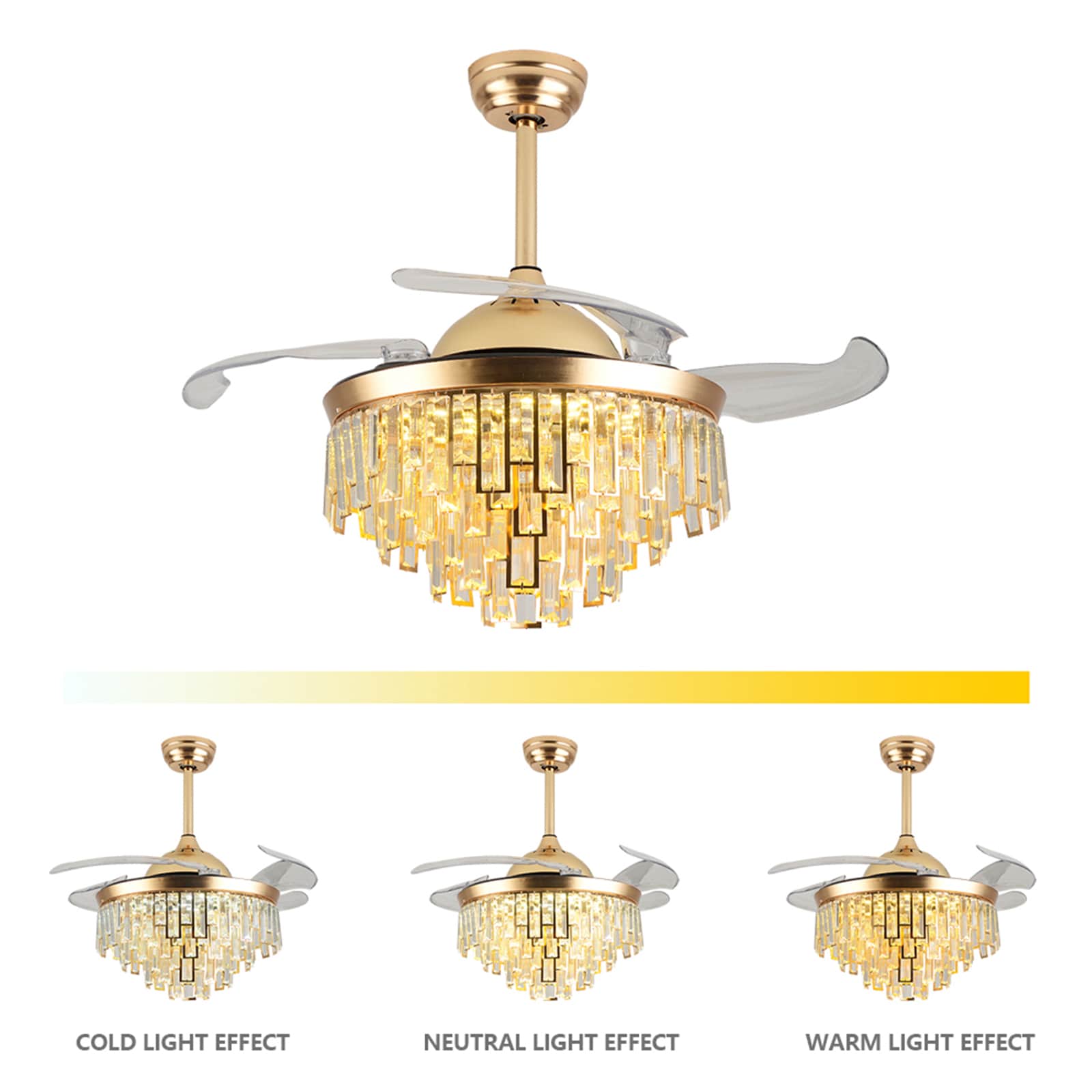 42" Gold Crystal Retractable Bladeless LED Chandelier Fan