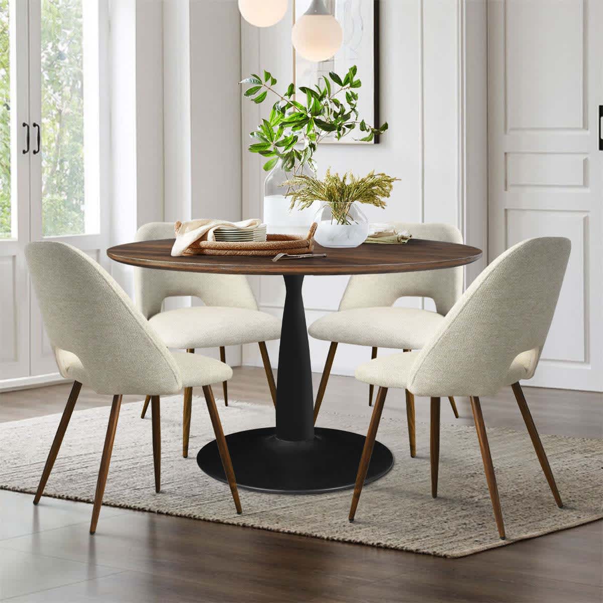 Maison Boucle HAROLD+EDWIN-BEIGE-4 5-Piece Round Walnut Dining Table Set with Pedestal Base and 4 Beige Upholstered Chairs