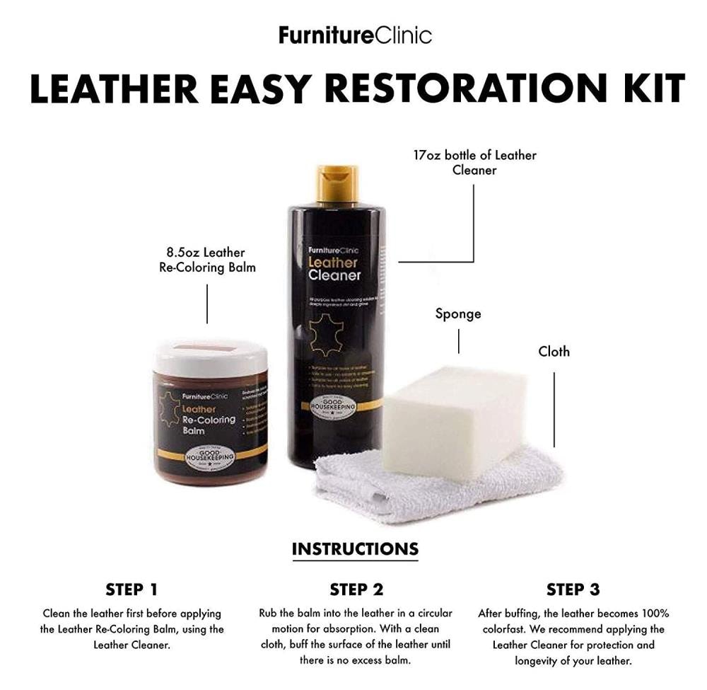 Furniture Clinic Large Leather Care Kit | Leather Cleaner + Conditioning  Protection Cream for Furniture | Two 17oz Bottles + 1 Sponge & 1 Cloth 