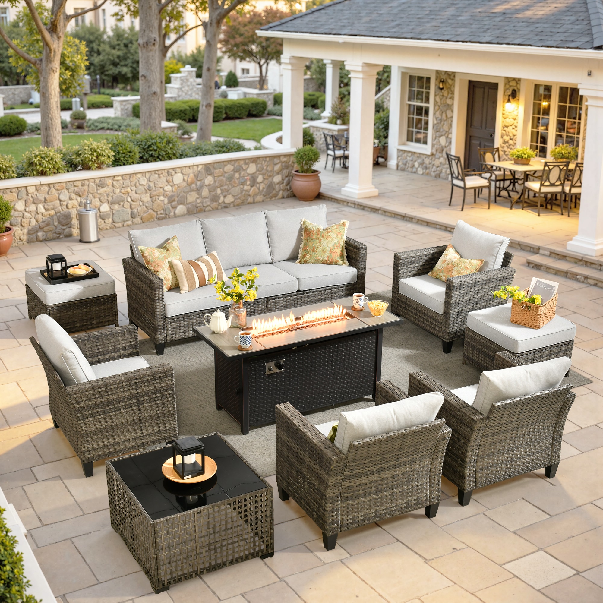 weaxty HMBCFP8503NGRS708S1 Trueno 9 -Piece Wicker Patio Sofa Conversation Set with Gray Cushions