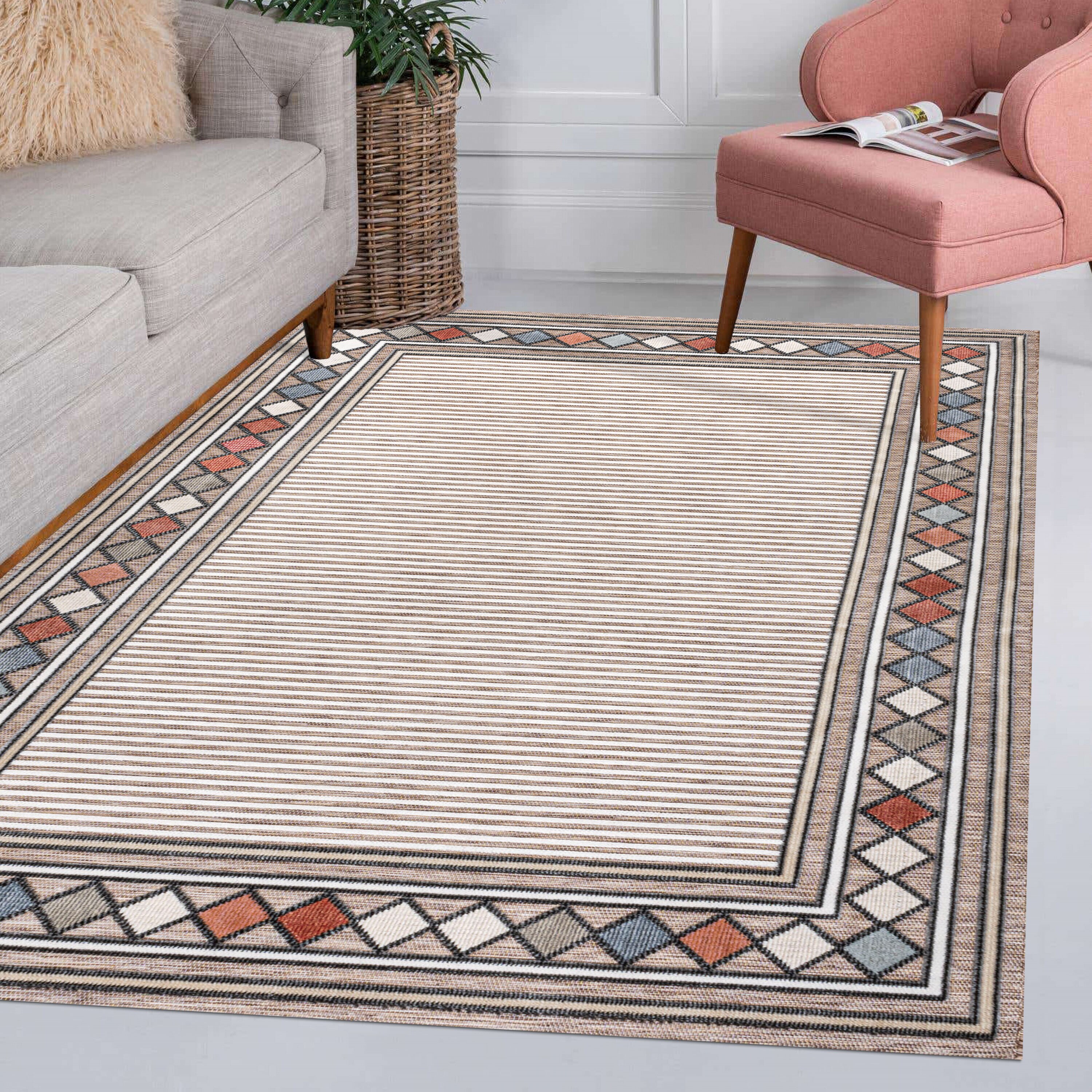 Sebastian Brown and Ivory Geometric Synthetic Rectangular Rug 3' x 5'