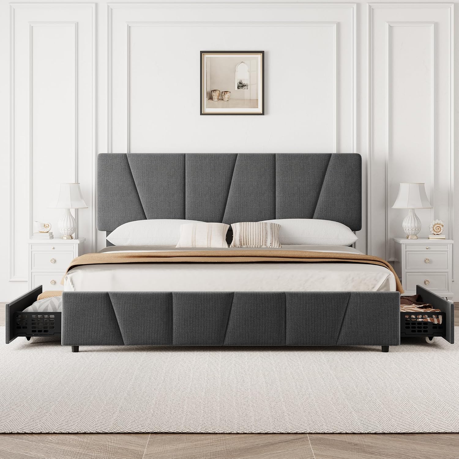 Qeetex LHF-BED-PHO-103KUBCJ King Size Bed Frame with Adjustable Headboard and 2 Storage Drawers Soft Upholstered Platform Bed Frames with Wooden Slats Support No Box Spring Needed Dark Grey