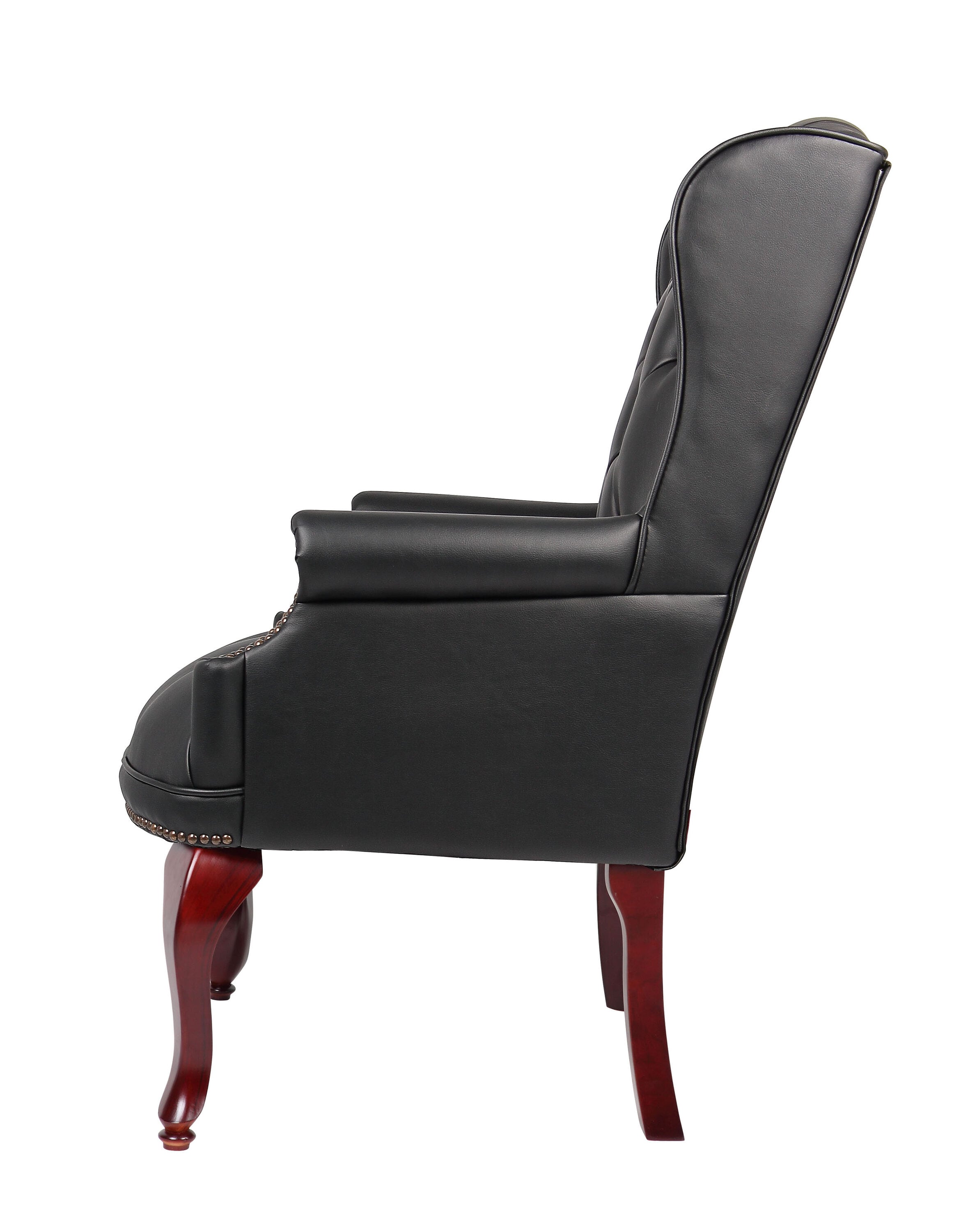 Ergonomic Wingback Vinyl Guest Chair with Mahogany Wood Base - Black