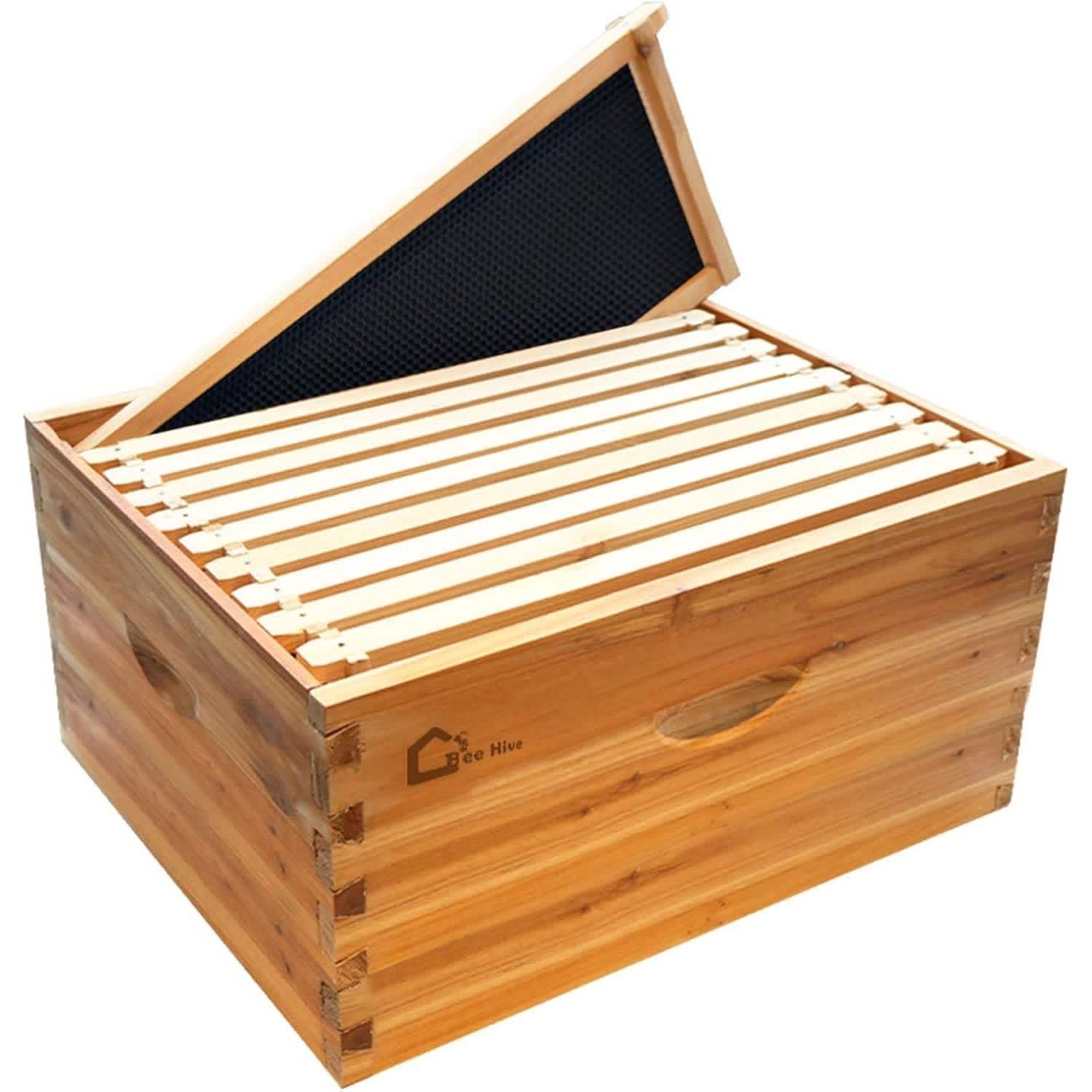 Qeetex GGL-PPG-33BJNDLD 10 Frame Bee Hive Coated with Beeswax Wood Complete Beehive Kit Includes 1 Deep Box Bee Box with Beehives Frames and Wax Foundations Wax Coated Bee Hives for Beginner