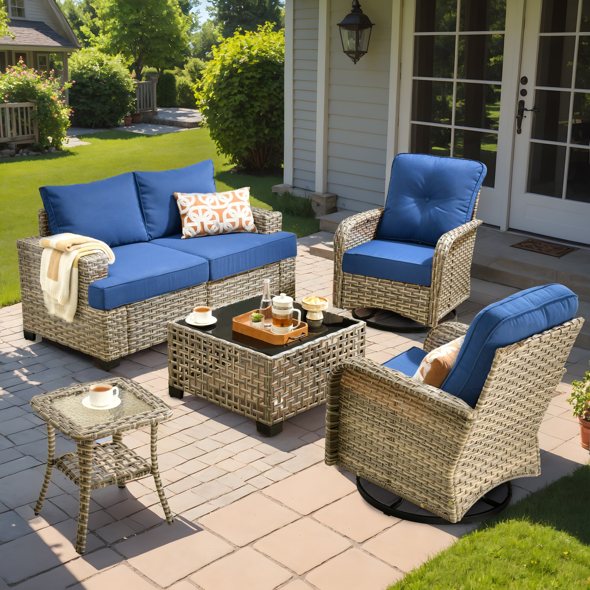 XIZZI XITBS7062-VNC Agate 5-Piece Rattan Patio Conversation Set with Navy Cushions