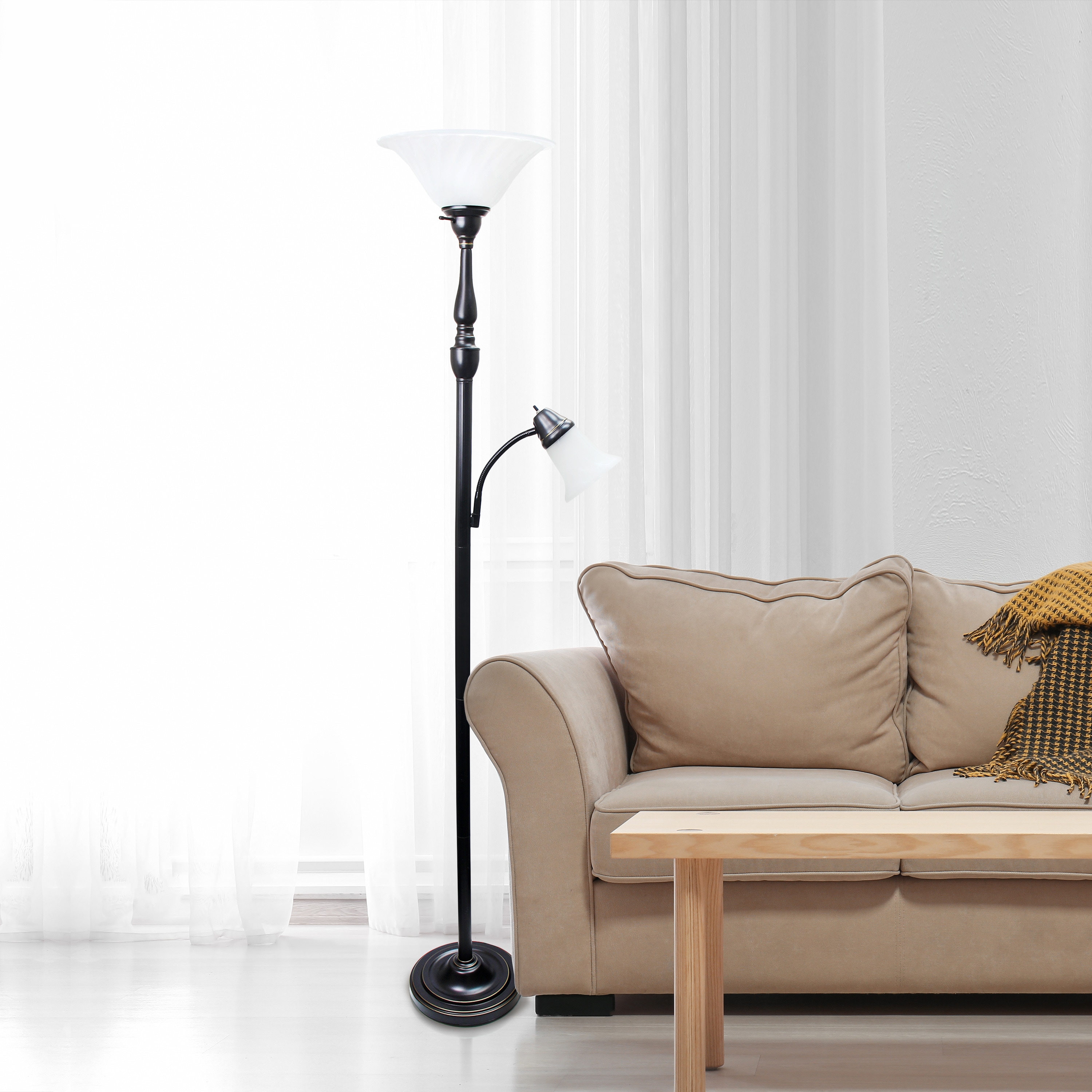 Restoration Bronze Torchiere Floor Lamp with Marble Glass Shades