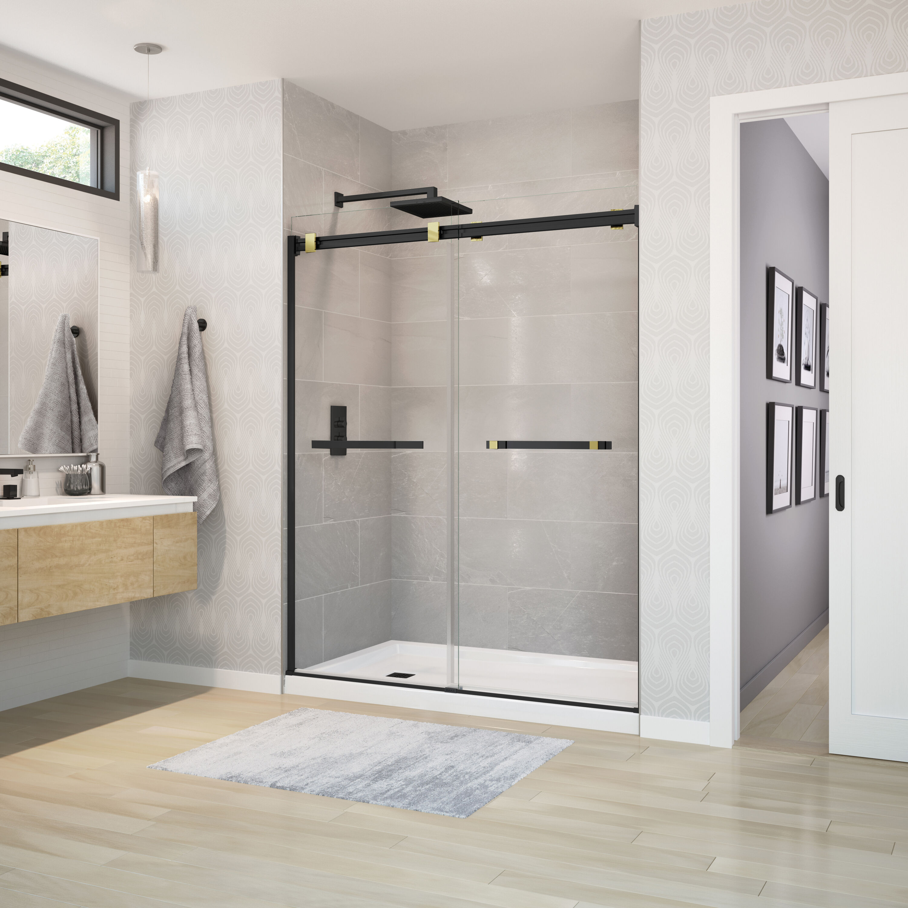 MAAX 136272-900-380-000 Duel Matte Black Brushed Gold 56-in to 58-1/2-in W x 74-in H Frameless Clear Glass Bypass Sliding Shower door