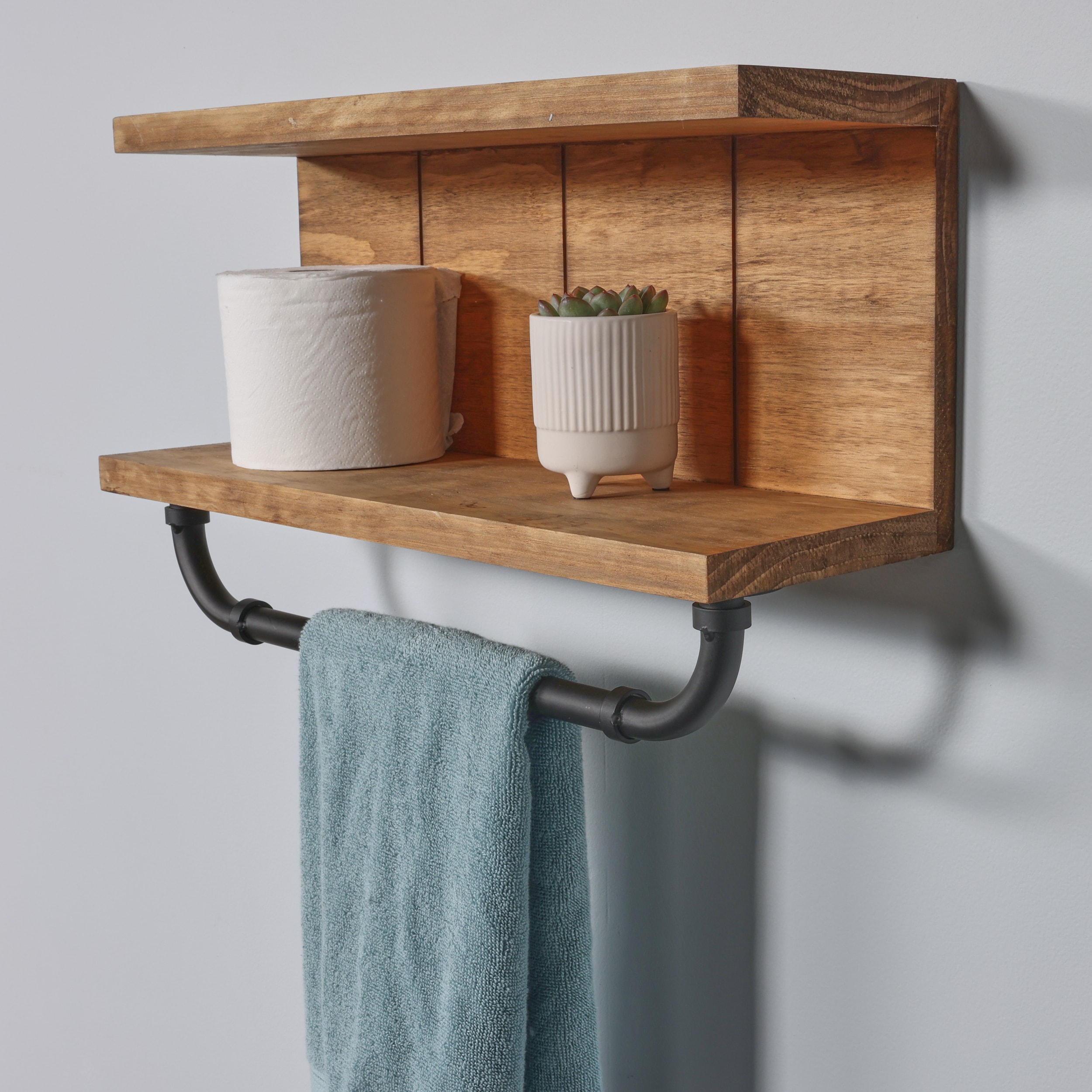 Wood Bathroom Shelf with Towel Bar