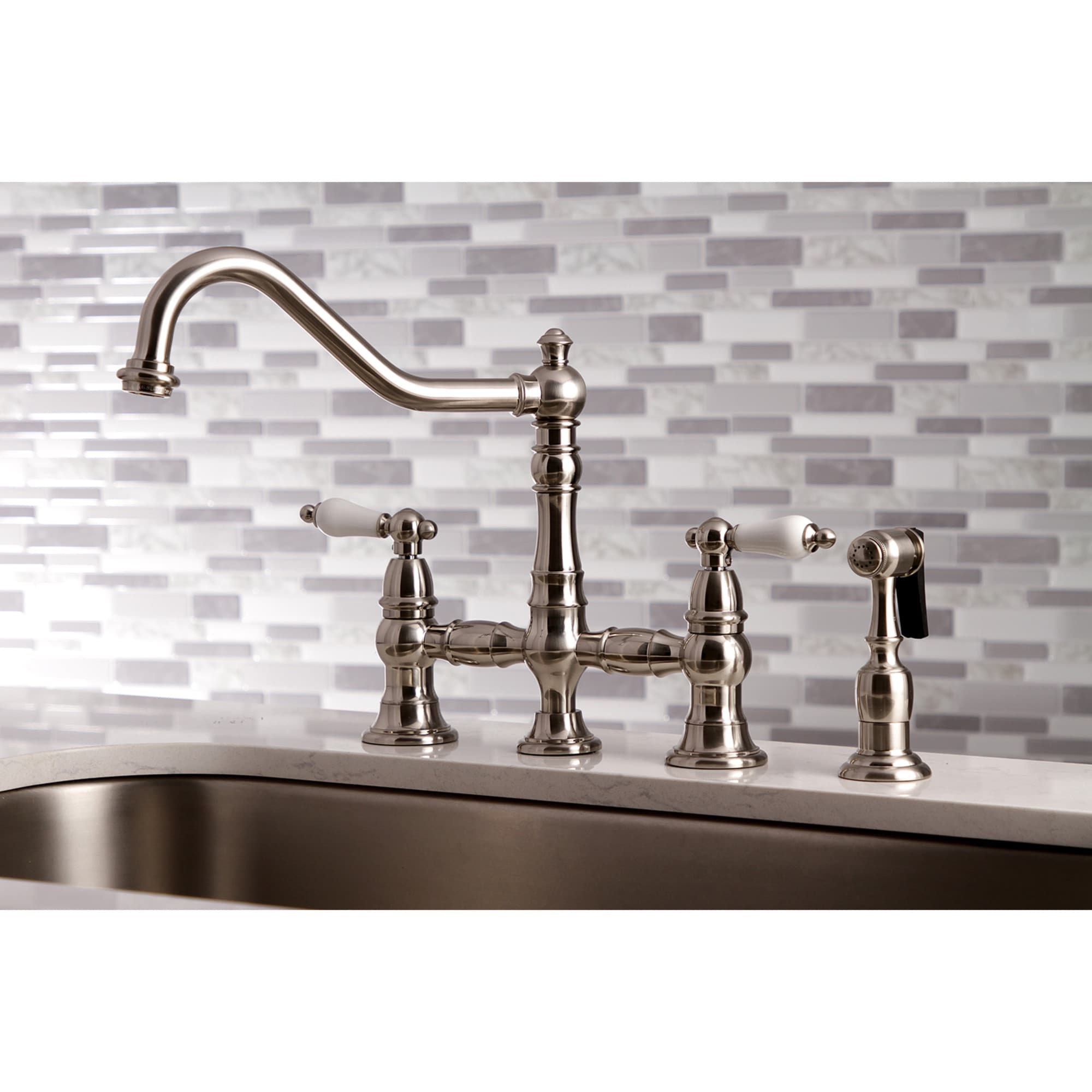 Kingston Brass WLKS3278PLBS Restoration Brushed nickel Double Handle Deck-mount Bridge Kitchen Faucet with Sprayer ( Side Sprayer Included )