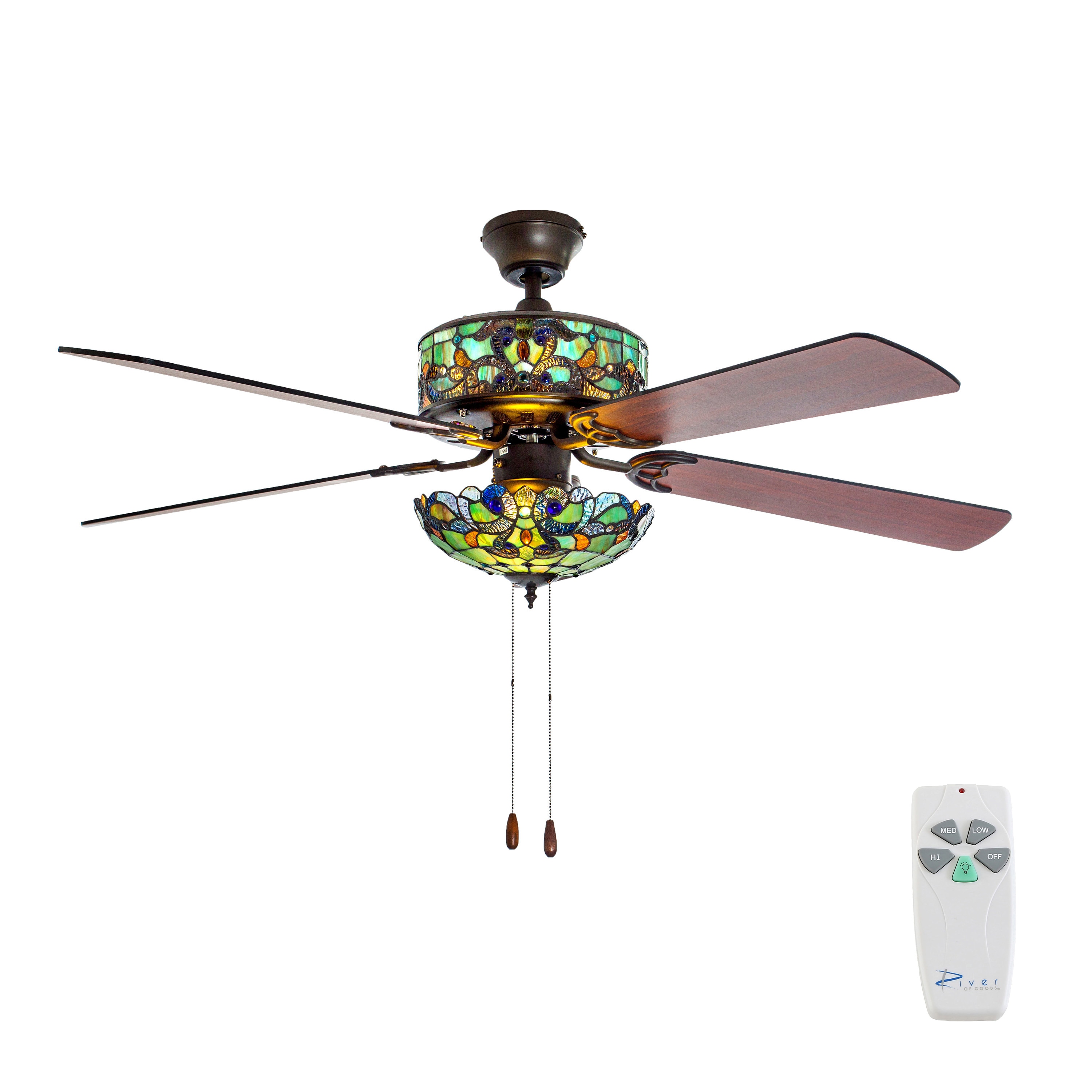 River of Goods 20069 52-in Downrod or Flush Mount Teal/Oil rubbed bronze with Mahogany and antique black Blades Ceiling Fan With Light - Remote Included ( 5 -Blade )