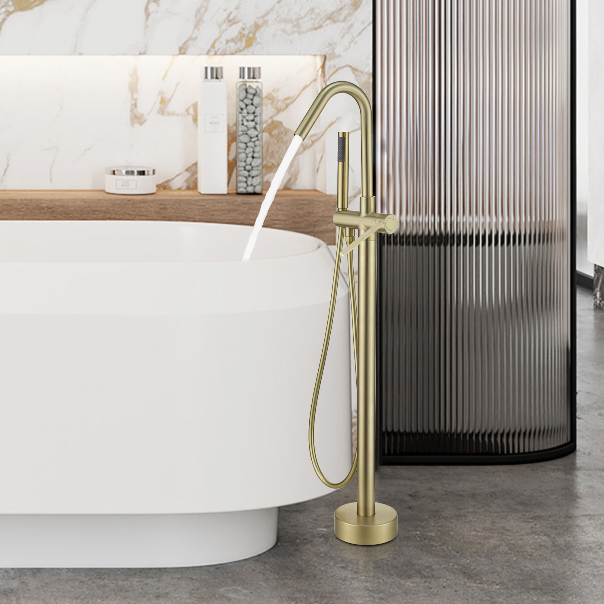 WELLFOR WB-0952 Brushed Gold 1-handle Freestanding High-arc Bathtub Faucet with Hand Shower ( Valve Included )