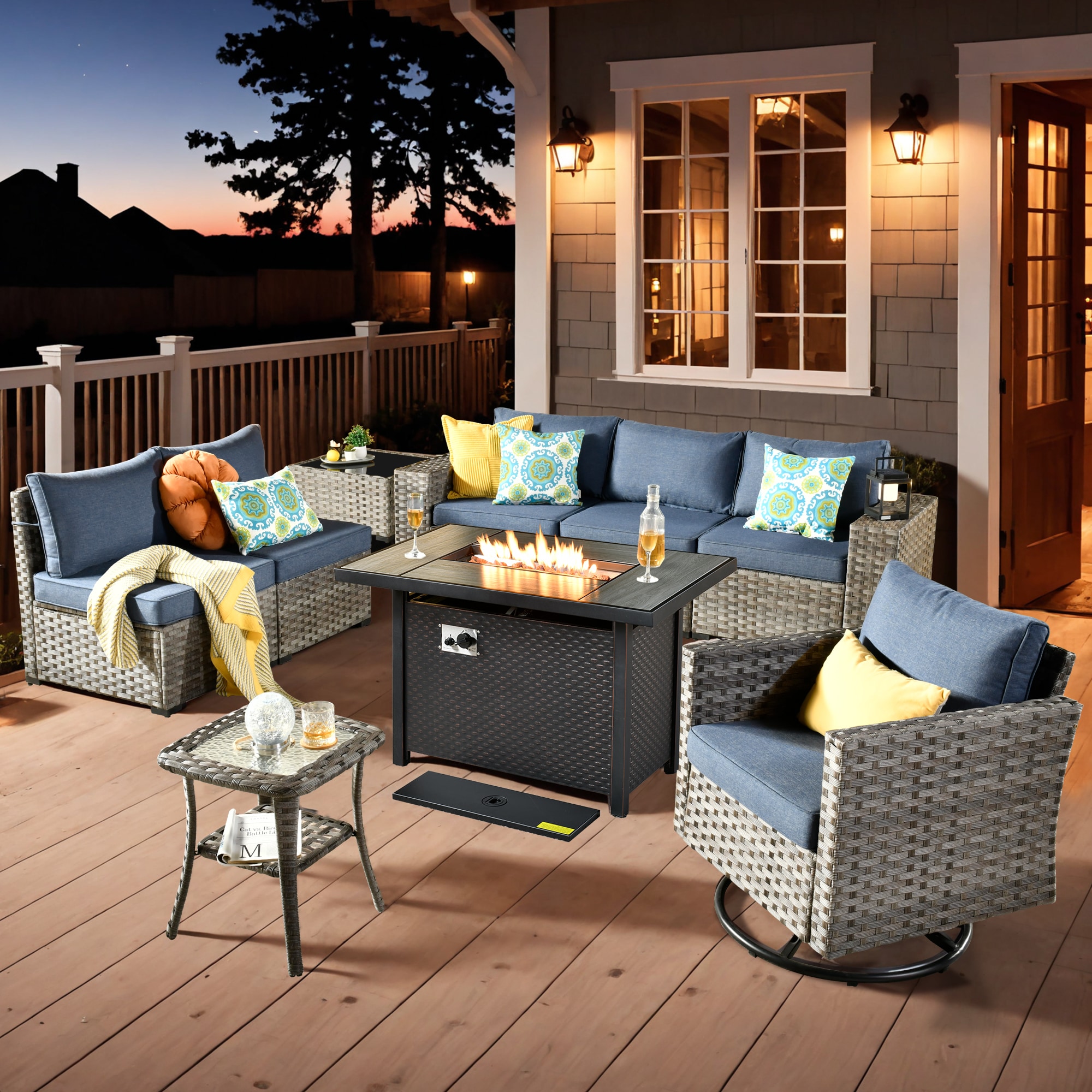 Pouuin SCFPBBR3-9 Wicker Outdoor Sectional with Blue Cushions and Wicker Frame