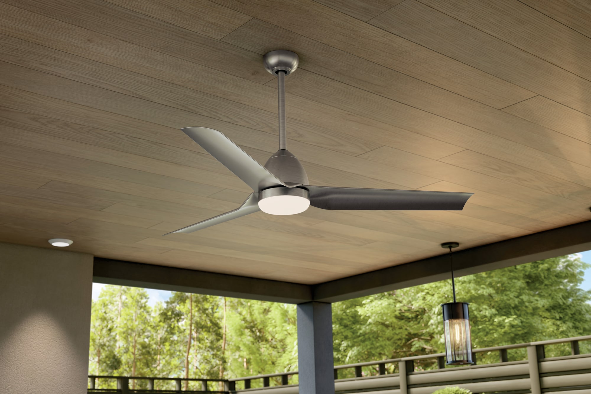 Kichler 310254NI Fit 54-in Integrated LED Outdoor Brushed Nickel with Silver Blades Ceiling Fan With Light - Remote Included ( 3 -Blade )