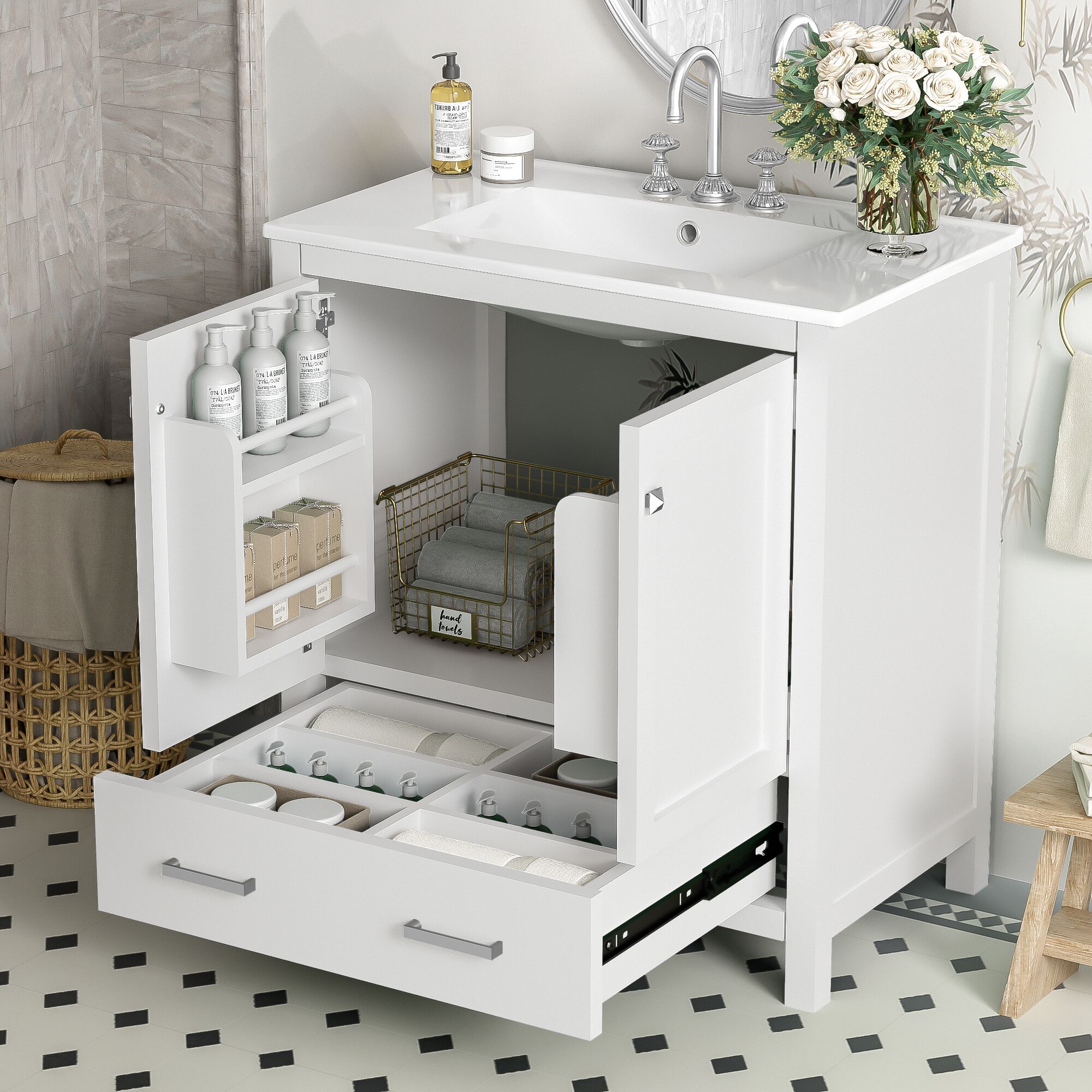 ModernLuxe L3P-WF324043AAK 30inch White Bathroom Vanity with Single Sink Combo Cabinet Undermount Sink Bathroom Storage Cabinet with 2 Doors and a Drawer Soft Closing Multifunctional Storage Solid Wood Frame