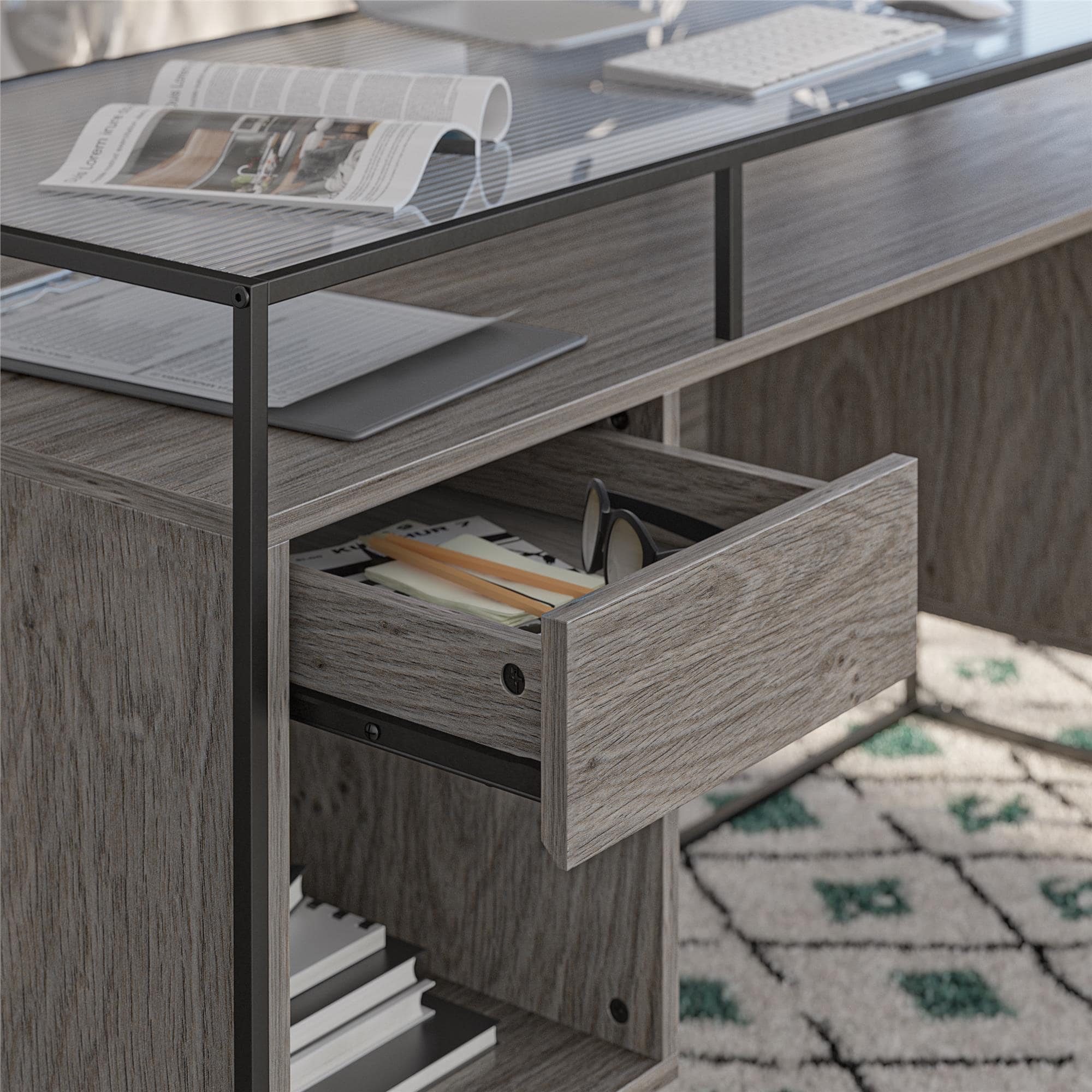 Gray Oak and Glass Modern Desk with Drawers