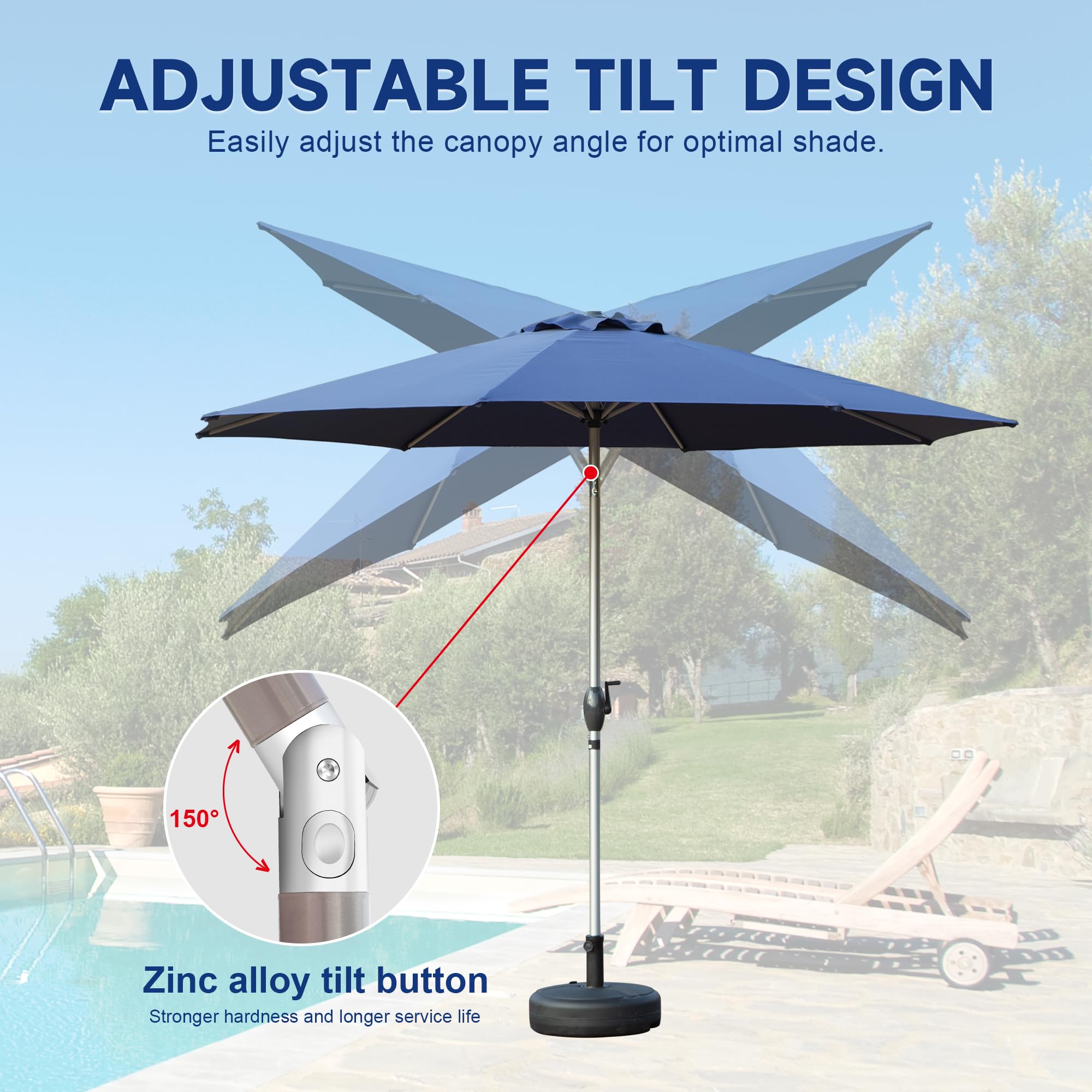 AHIOU HOME 9-ft Aluminum Blue Push-button Tilt Modern Patio Umbrella in ...