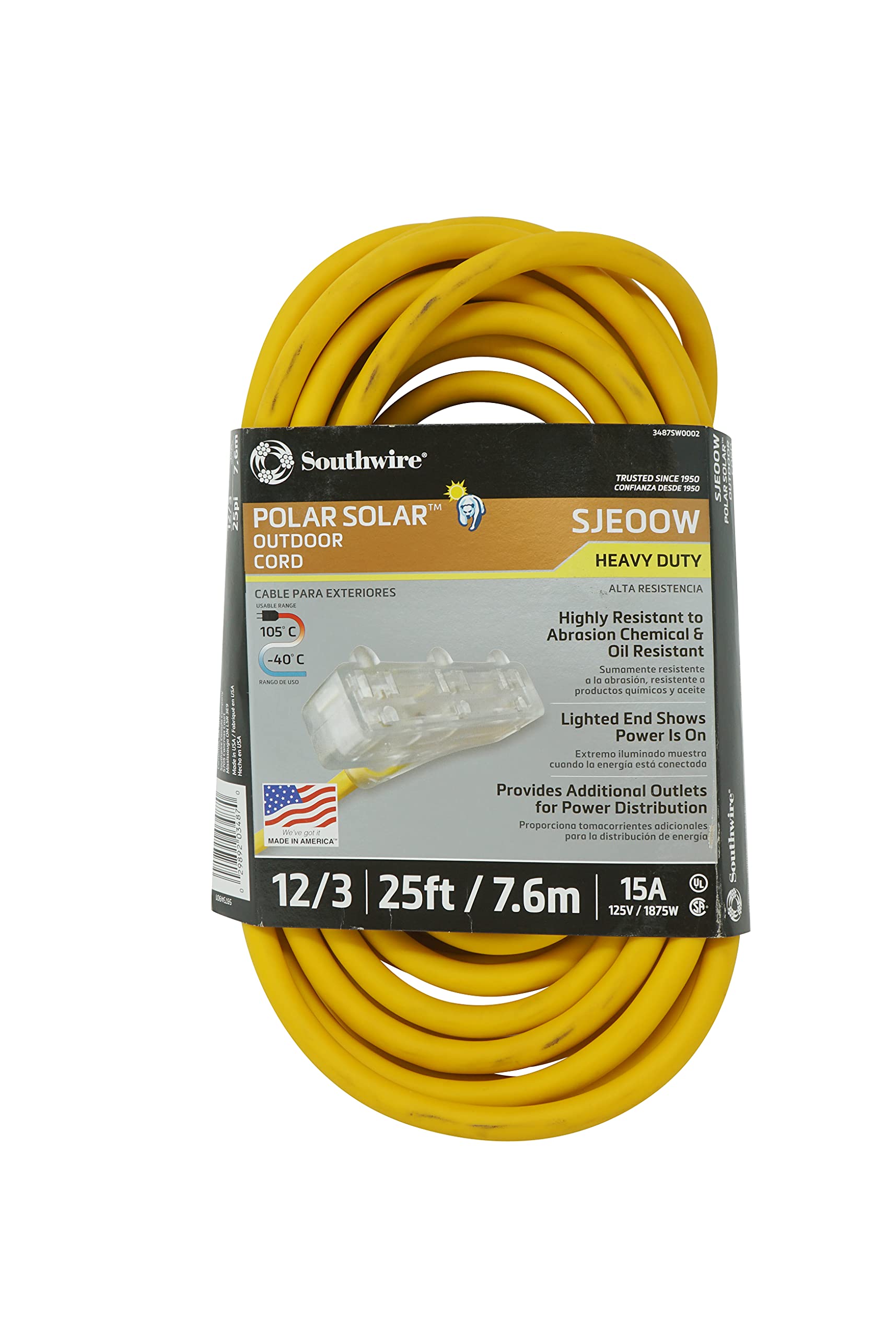 Coleman Cable DIB-N-536659QTY-1 12 Gauge 25-Foot 3-Way Power Block Extension Cord in Yellow