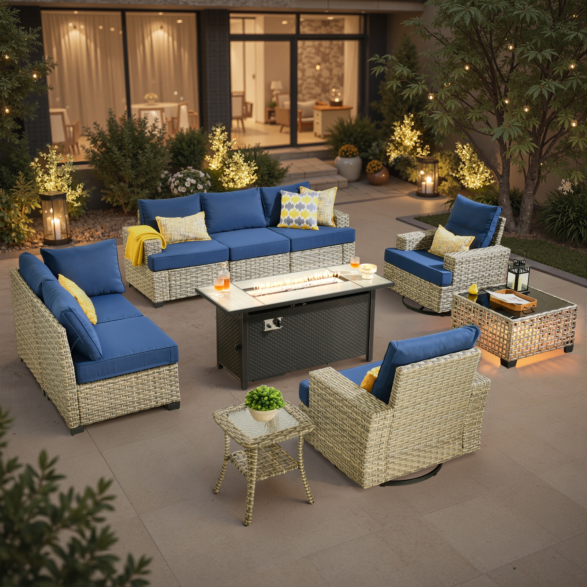 XIZZI XITBS7095C-RC3IFP54 Agate Rattan Outdoor Sectional with Navy Cushions and Rattan Frame