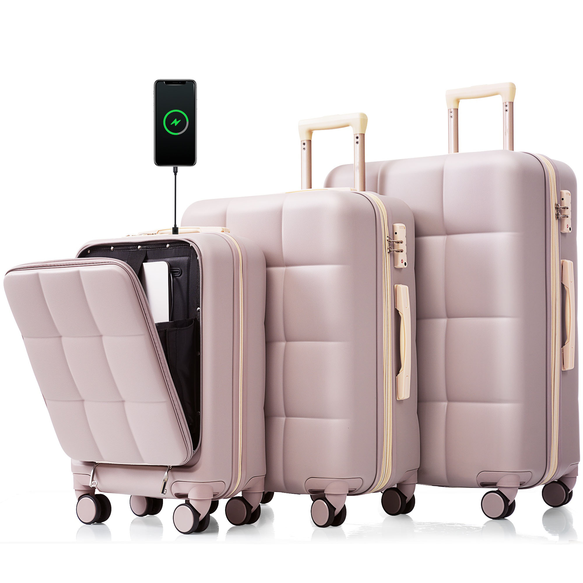 Bybafun YD9600023 25.9"x18.1"x12.5" RosyBrown Plastic Hardshell Suitcase set 3 -Bag