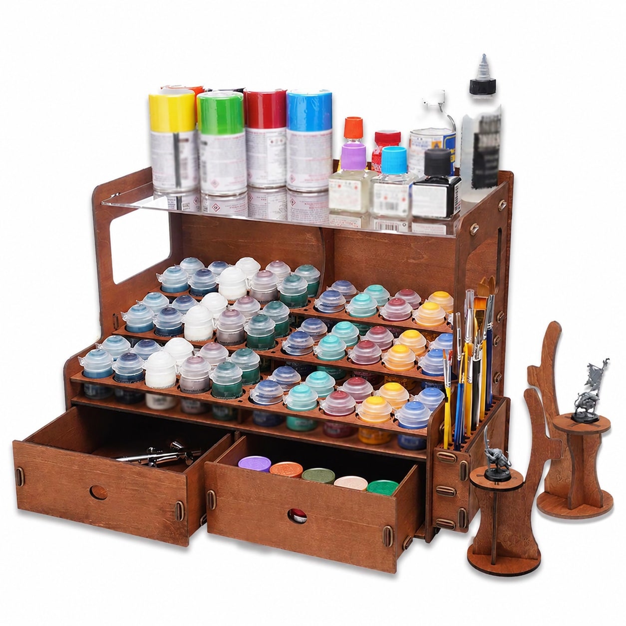 Oyezvary  Wooden Paint Rack for 60 Bottles and 32 Brushes Acrylic Organizer with Two Drawers and Brush Holders for Model Paint Storage