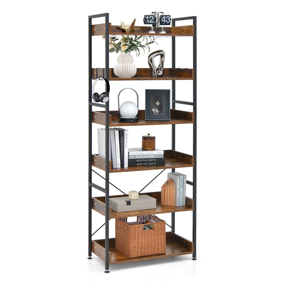 Costway JV10963CF 6-Tier Bookshelf Open Display Shelves Storage Rack Metal Frame with 4 Hooks Rustic