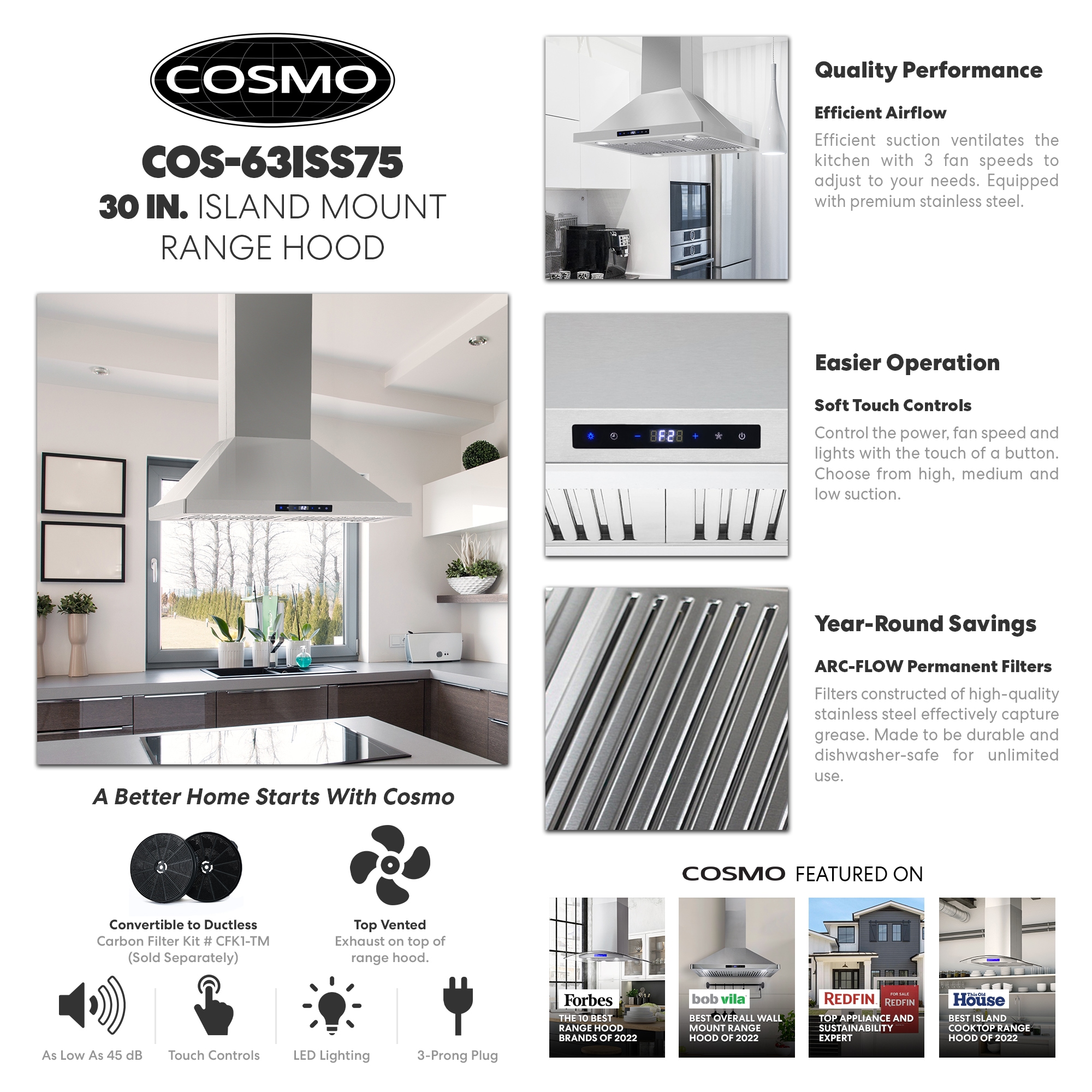 Under Cabinet Range Hood Cosmo 30 in. 900 CFM LED Lighting Type Stainless  Steel