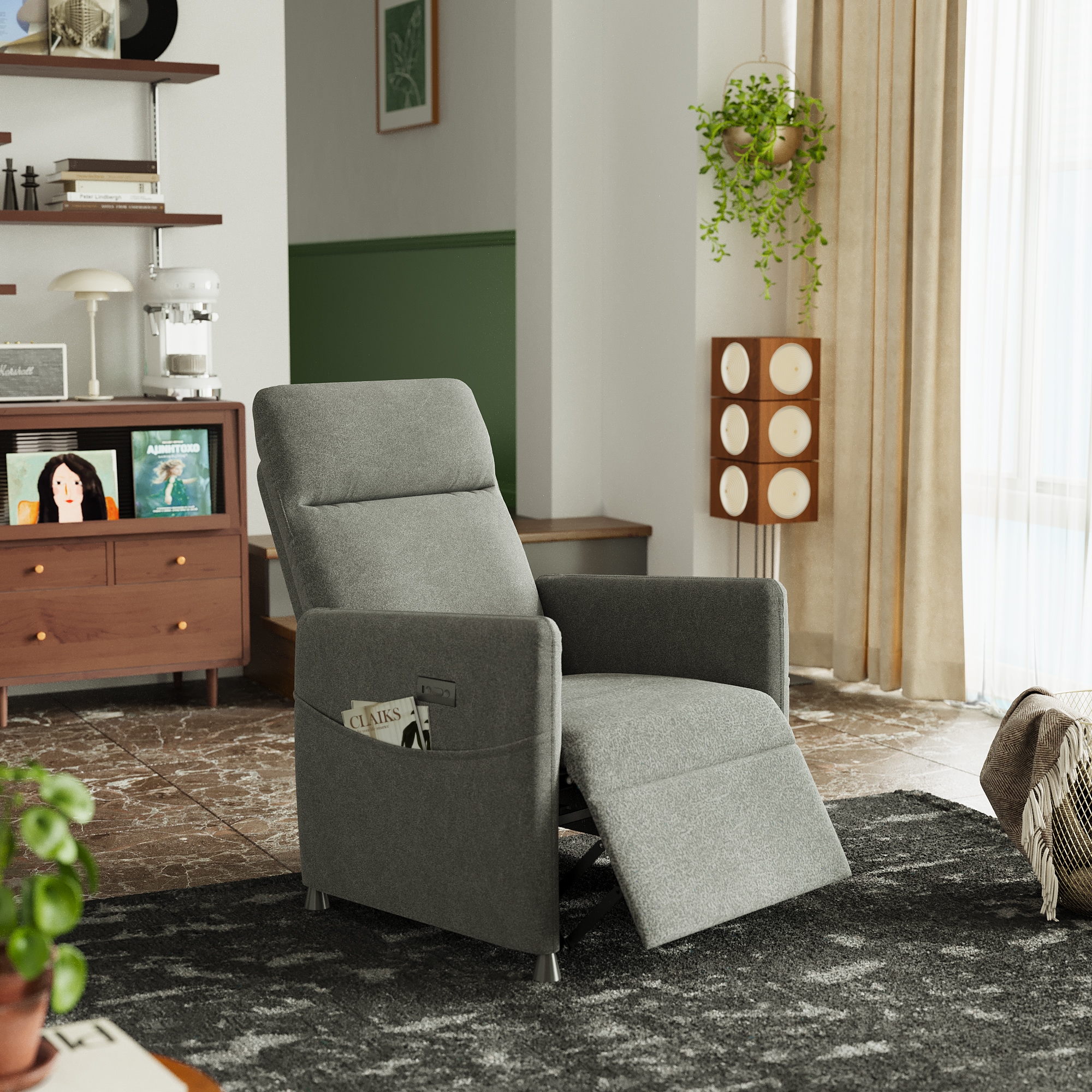 Clihome Electric Recliner Chair Gray Velvet Upholstered Swivel