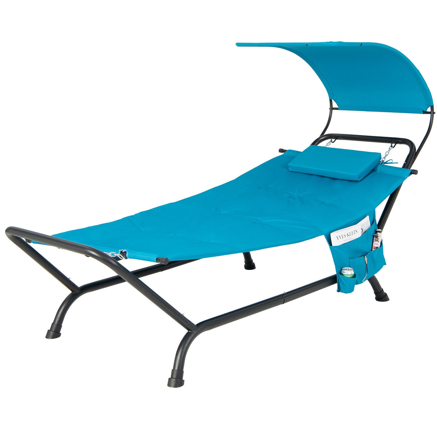 WELLFOR TDZ10404NY Stackable Black Steel Frame Stationary Balcony Chair with Blue Woven Seat