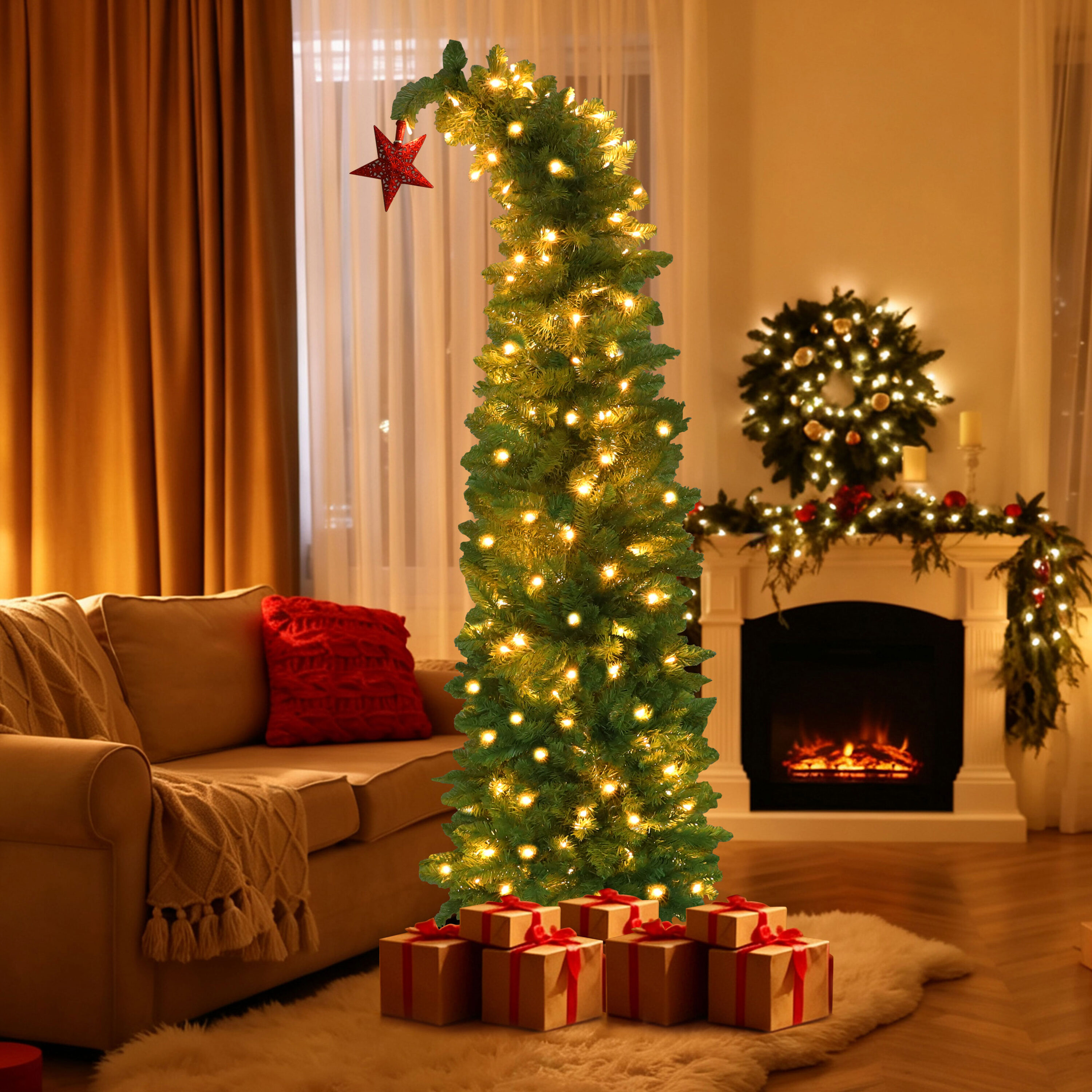 VEIKOUS - Artificial Christmas Tree 6-ft Cedar pine Pre-lit Pencil Rightside-up Flocked Green Art...