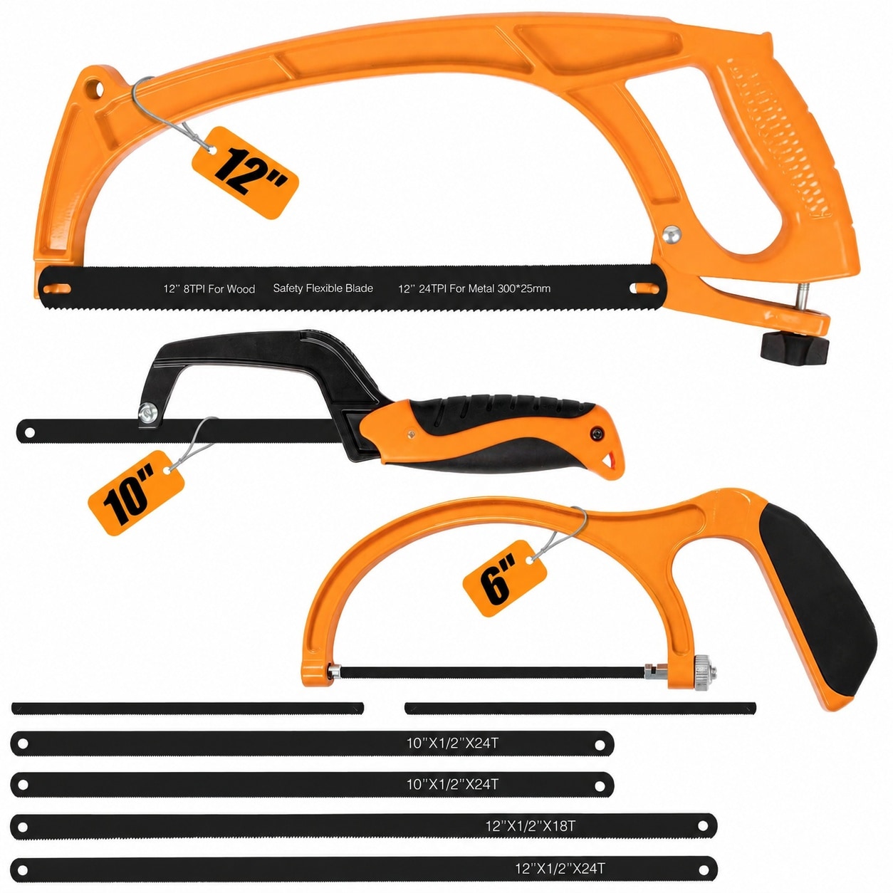 Ahfiwaso Hacksaw Frame Set with Three Sizes 12 in 10 in and 6 in Including Six Extra Flexible Blades for Metal Wood and PVC Cutting #LAH0828H366