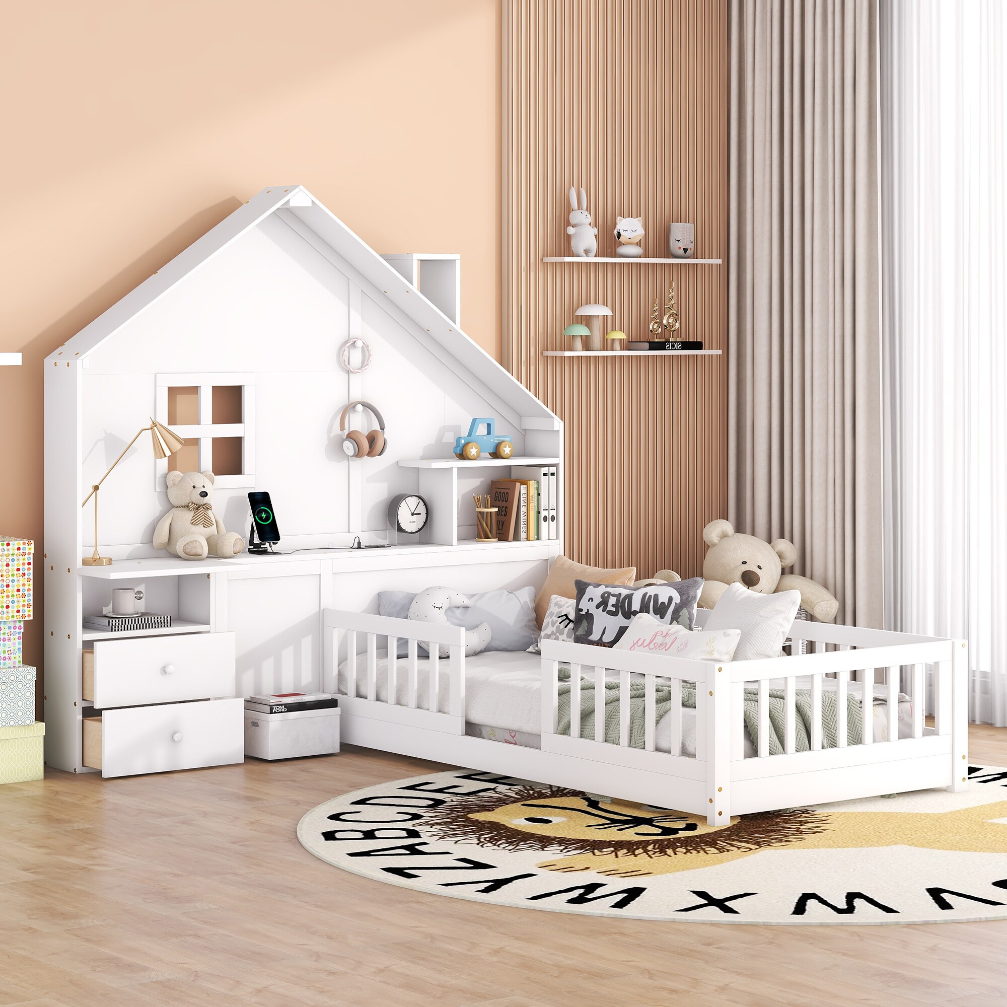 ModernLuxe LT000422AAK Twin Size House Bed with Window and Bedside Drawers Platform Bed with Shelves and a set of Sockets and USB Port White