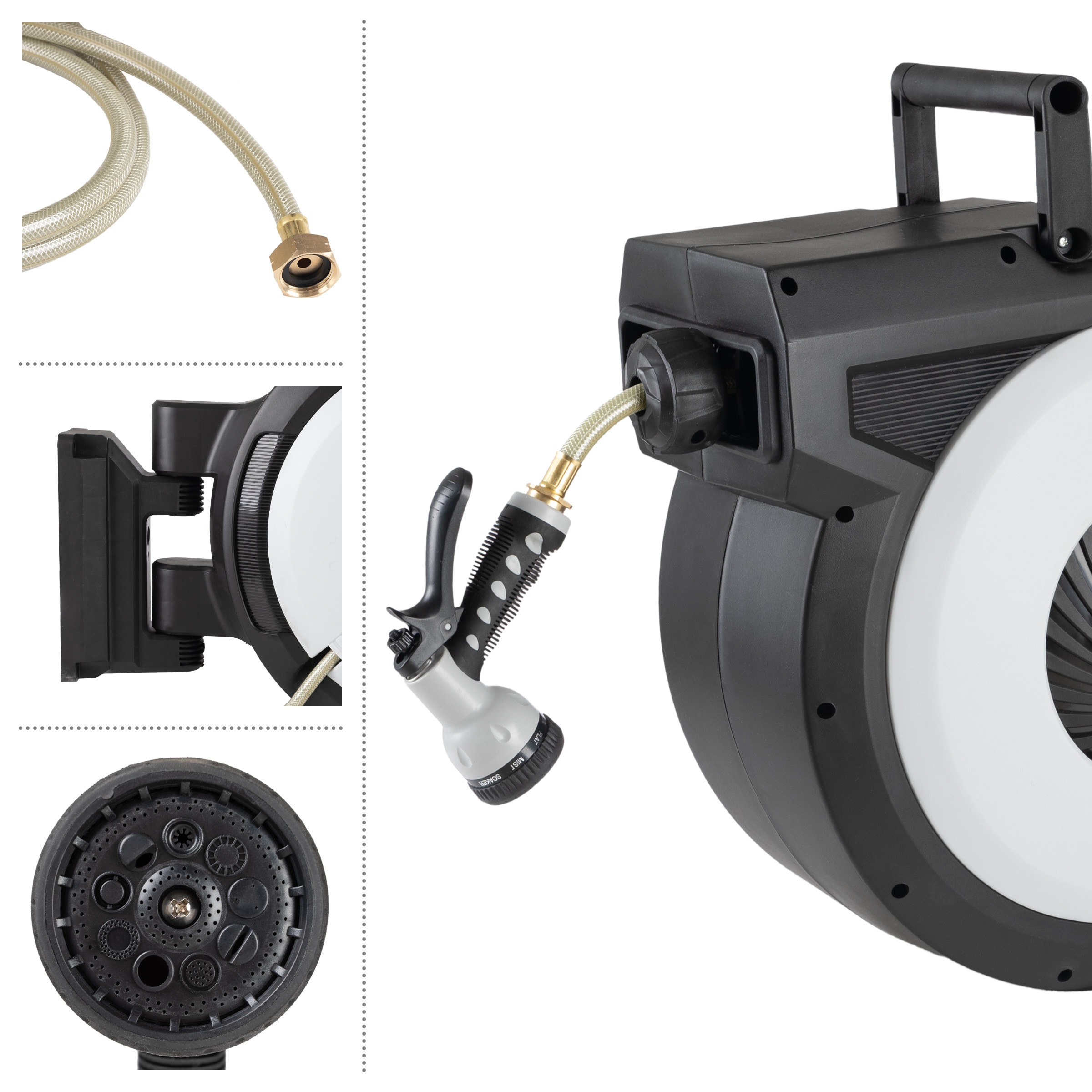 Retractable Garden Hose Reel Wall Mount 1/2 x 75 ft Retractable Hose Reel  with 10 Pattern Nozzle, Automatic Slow Rewind System/Lock Any