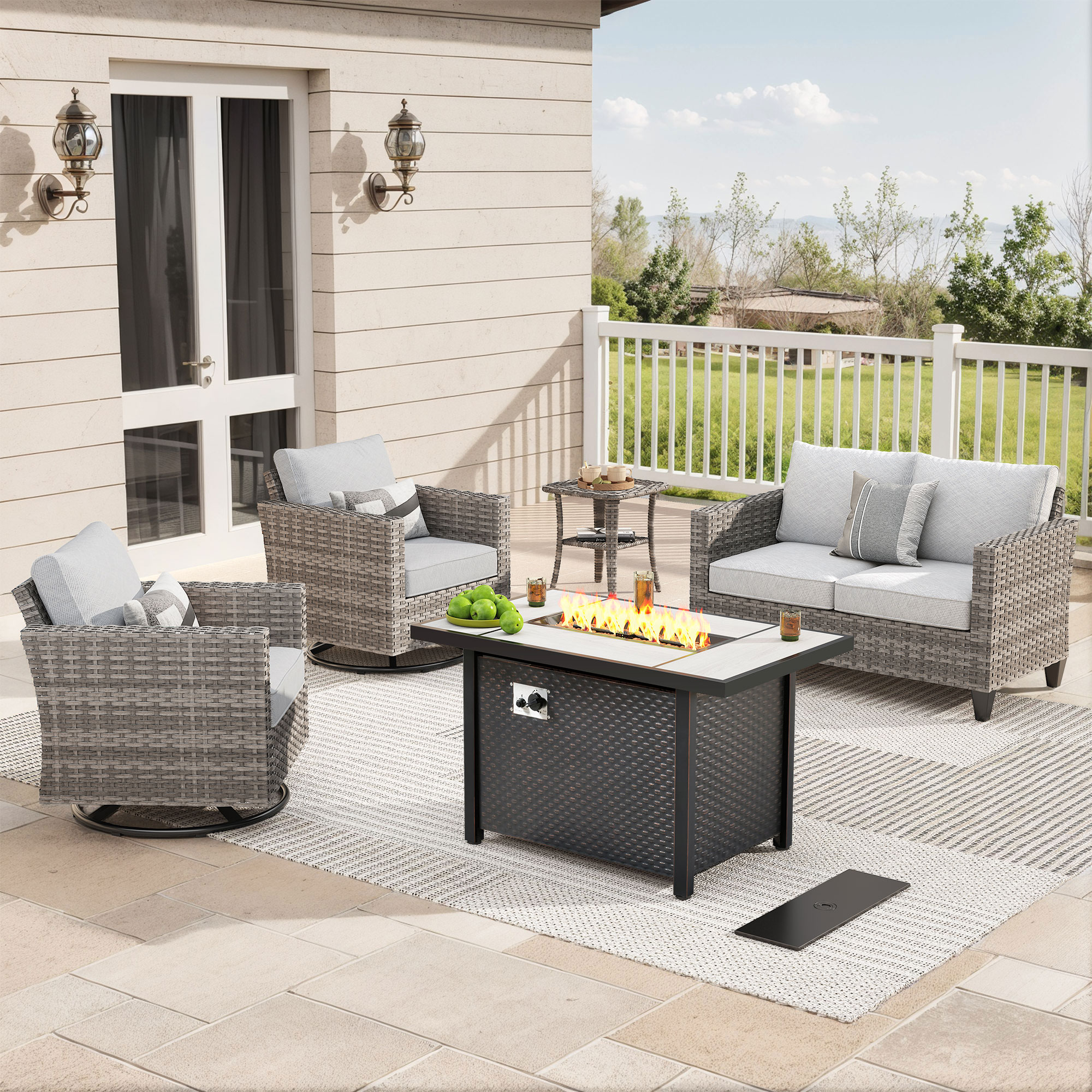 Pouuin STFP-YZGRS705 5 -Piece Wicker Patio Conversation Set with Gray Cushions
