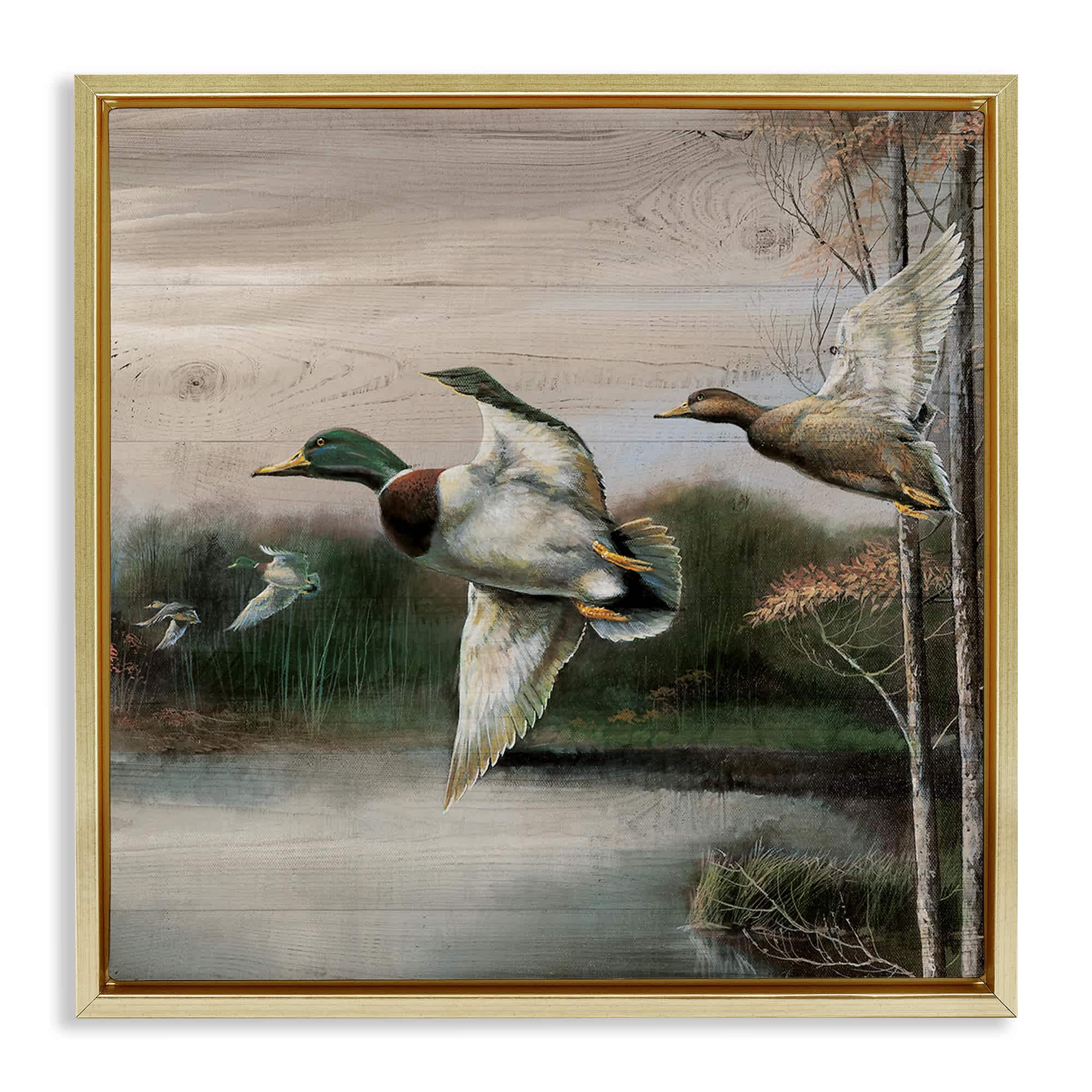 Stupell Industries BS-213-FFG-17X17 Flying Ducks in Rustic Nature Gold Framed Floater Canvas Wall Art By Ruane Manning 18 x 18