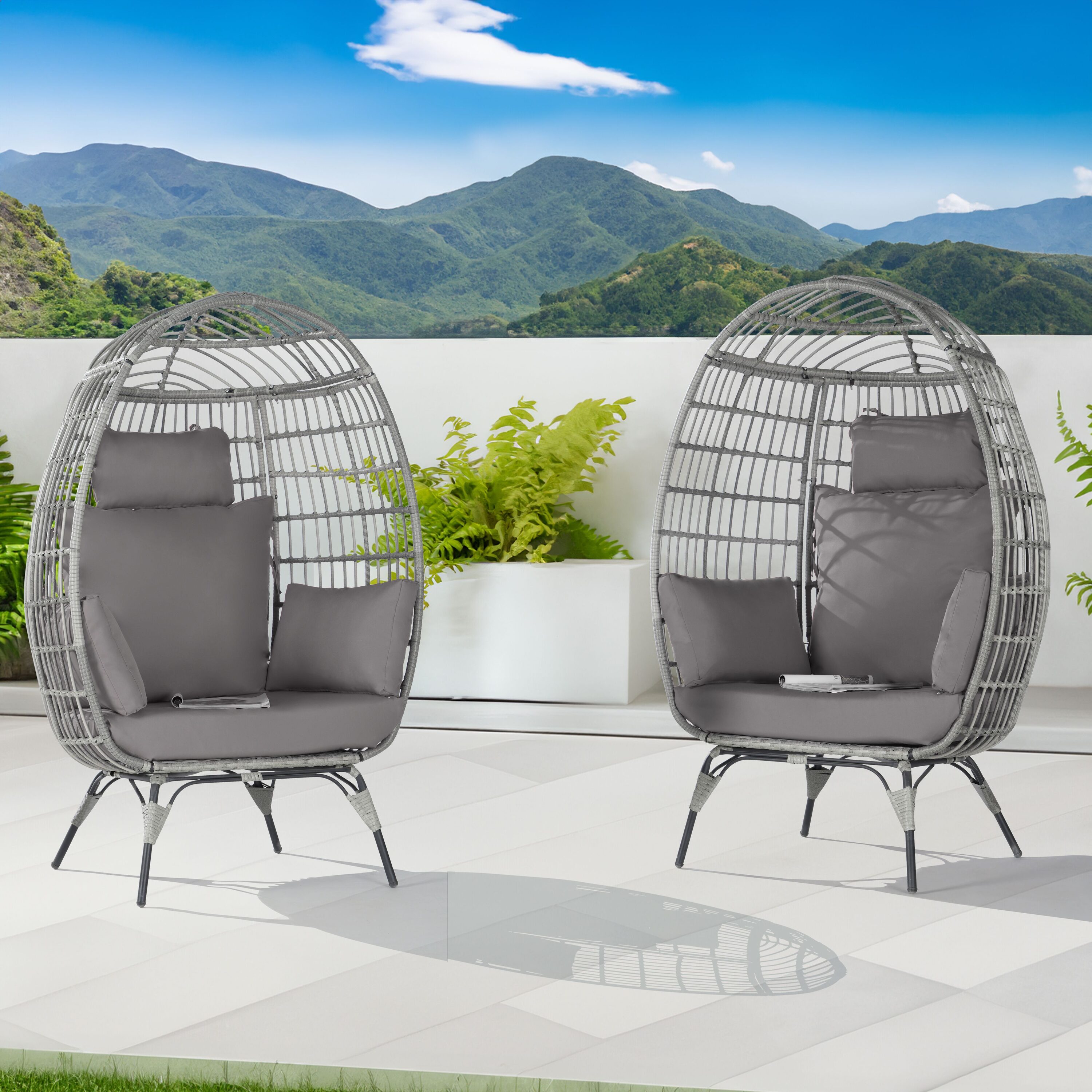 SANSTAR L-JDC68GY-AA Patio Chairs Set of 2 Wicker Gray Wicker Frame Stationary Egg Chair with Dark gray 220gsm Polyester Cushioned Seat