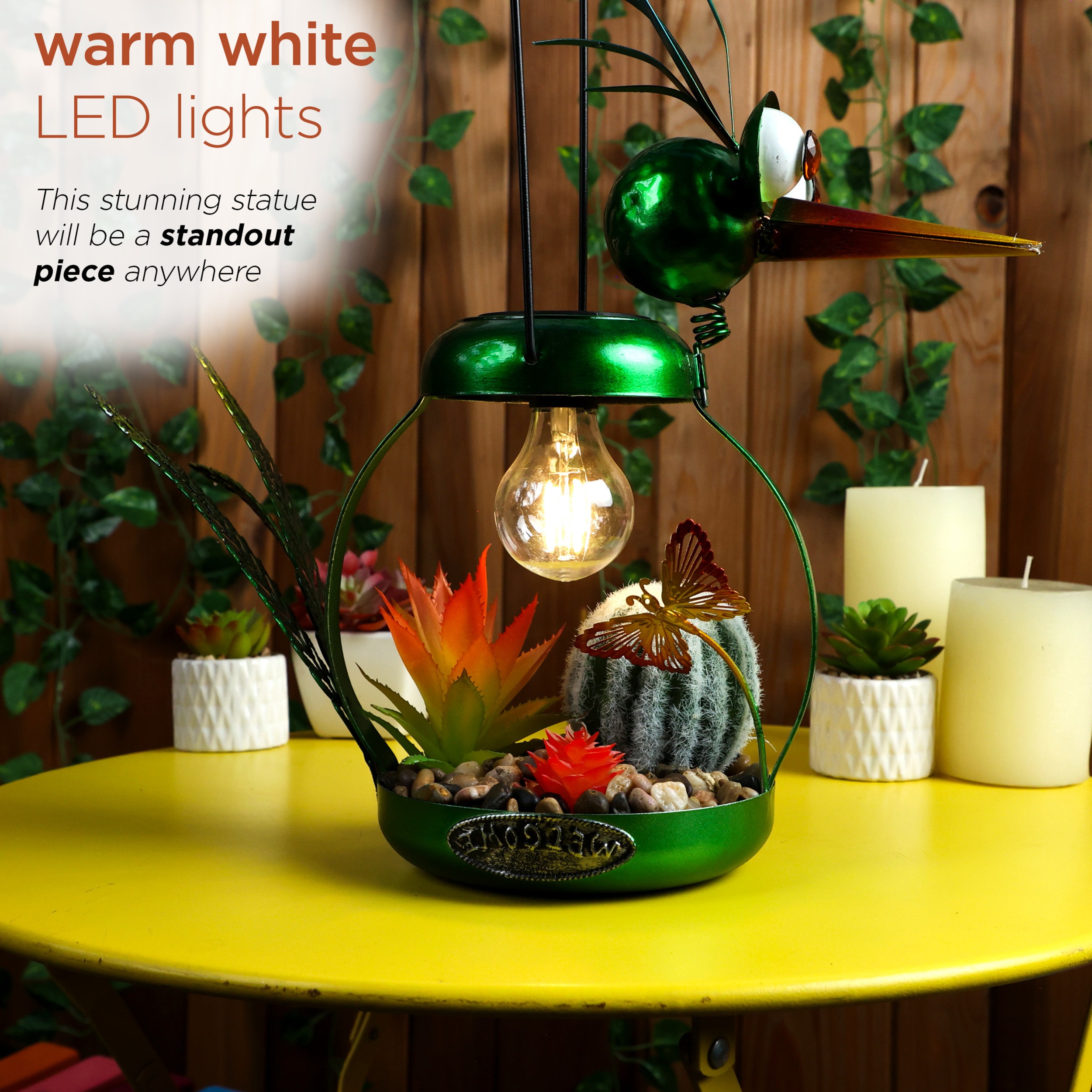 Whimsical Green Metal Heron with Solar LED Light