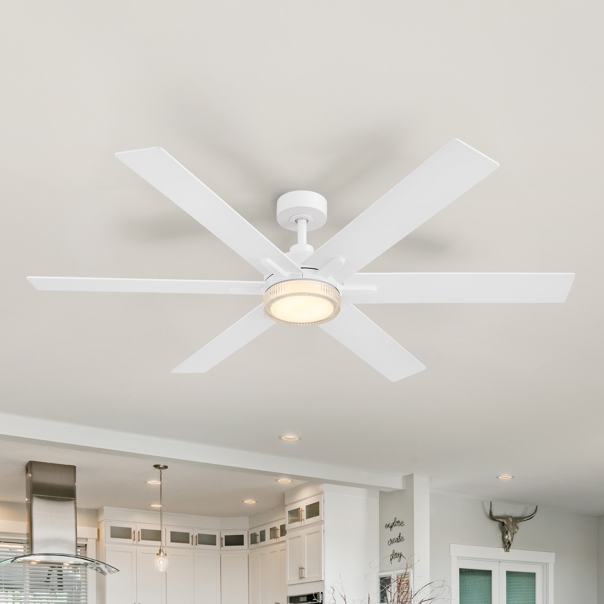 Designers Fountain FR-CLN60RGB-MW Chillion 60-in Color-Changing Integrated LED Outdoor Matte White with Matte White Blades Ceiling Fan With Light and Remote ( 6 -Blade )