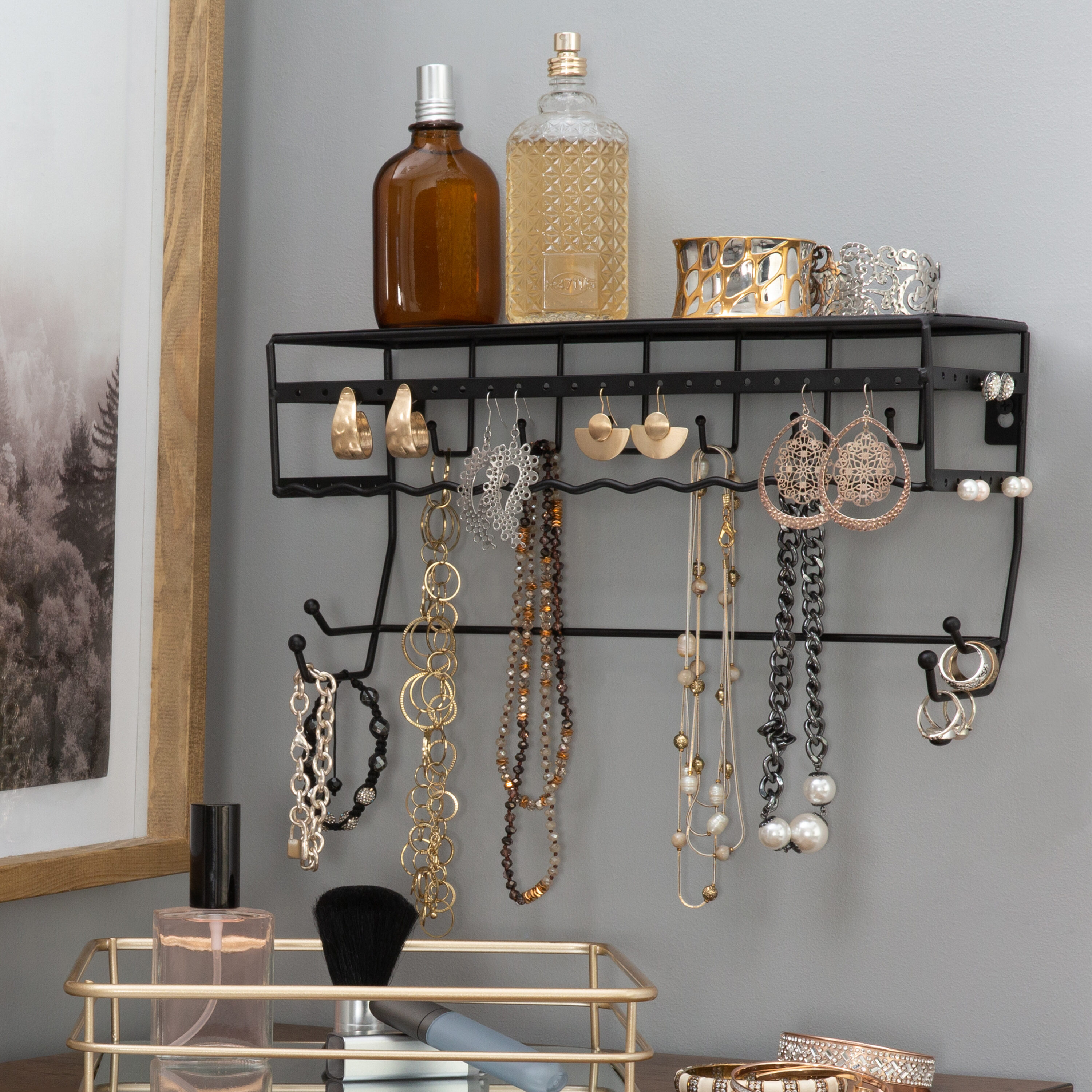 2 Piece Wall Mounted Jewelry Bar and Shelf with 12 Hooks for Necklaces –  MyGift